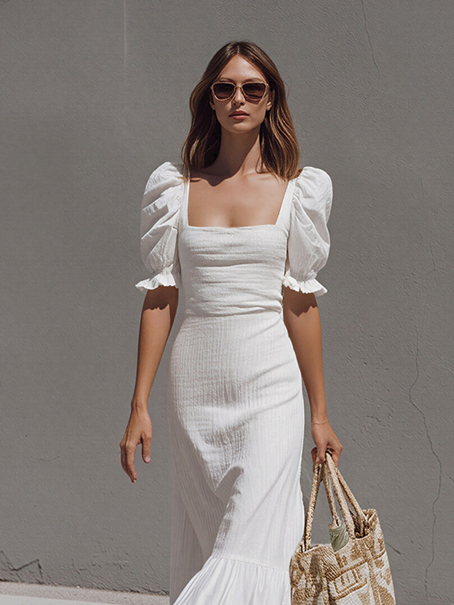 Women's White Cotton-Blend Midi Dress With Puff Sleeves & Square Neck, Timeless Romantic Casual Dress MDZ1447E9LYL