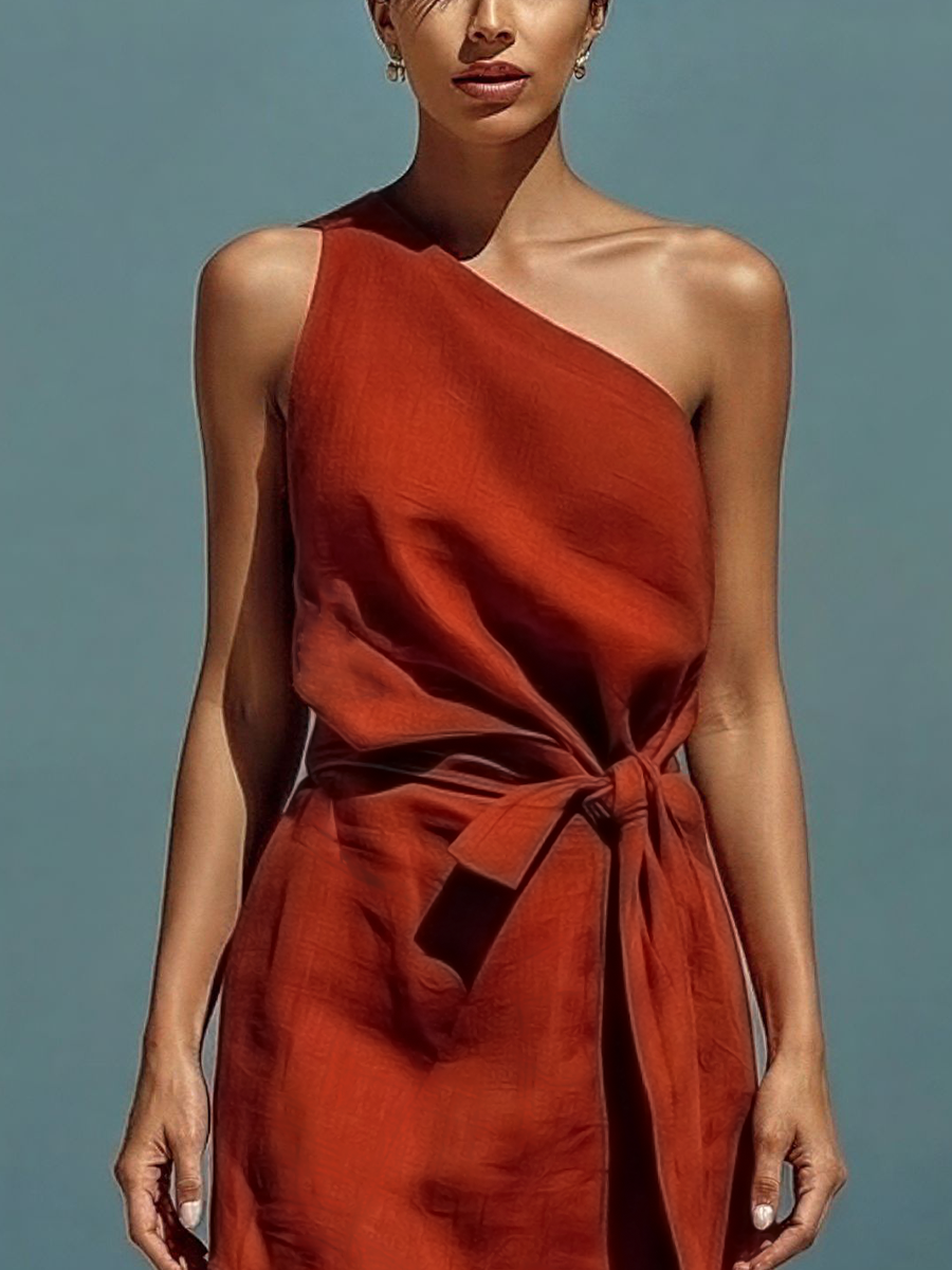 Women’s Rust Linen-Blend One-Shoulder Dress With Waist Tie & Asymmetrical Hem MDZ1409E5T