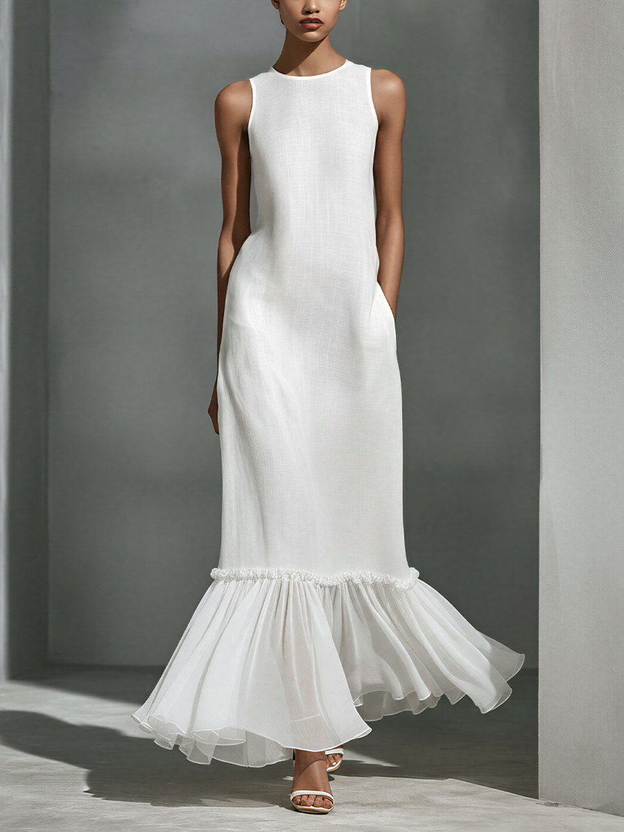 Women’s White Linen-Blend Sleeveless Maxi Dress With Sheer Ruffled Hem MDZ1491E6T