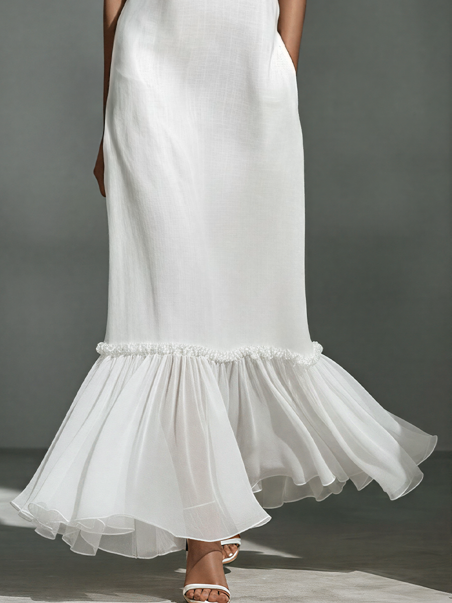 Women’s White Linen-Blend Sleeveless Maxi Dress With Sheer Ruffled Hem MDZ1491E6T