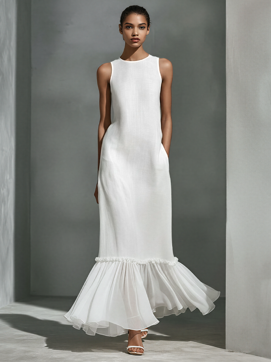 Women’s White Linen-Blend Sleeveless Maxi Dress With Sheer Ruffled Hem MDZ1491E6T