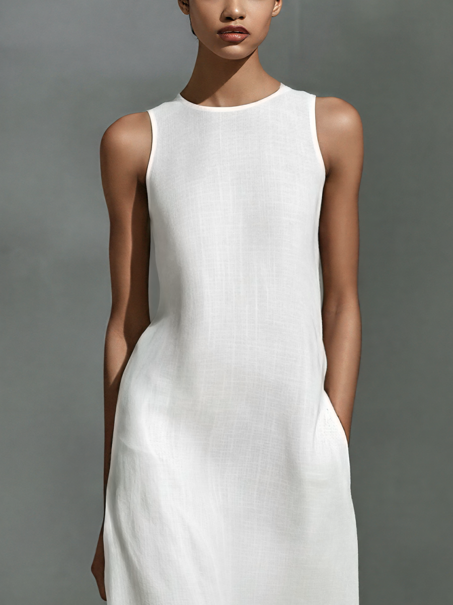 Women’s White Linen-Blend Sleeveless Maxi Dress With Sheer Ruffled Hem MDZ1491E6T