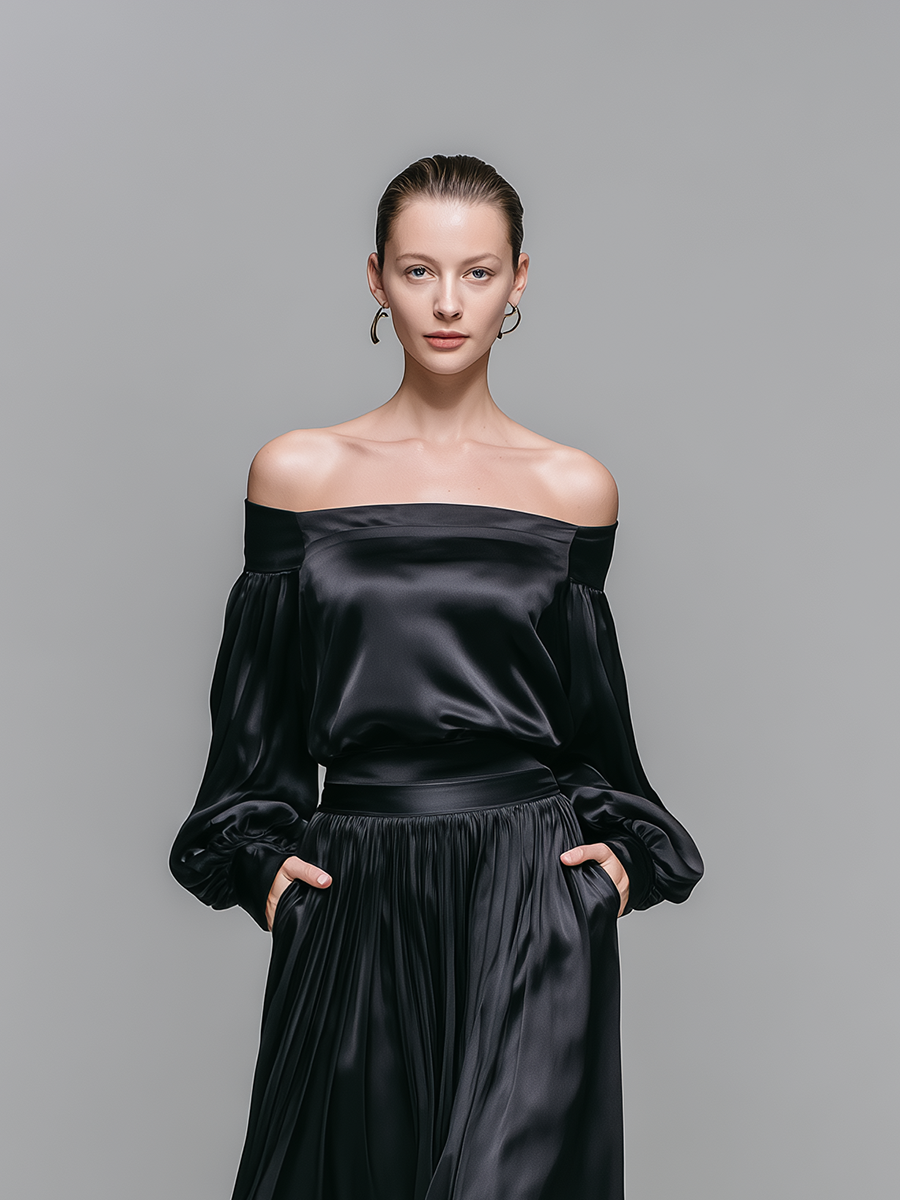 Women's Minimalist & Elegant Black Satin Off-Shoulder Maxi Dress With Lantern Sleeves MDZ1445E2ZJW