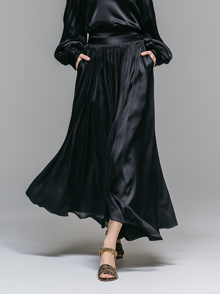 Women's Minimalist & Elegant Black Satin Off-Shoulder Maxi Dress With Lantern Sleeves MDZ1445E2ZJW