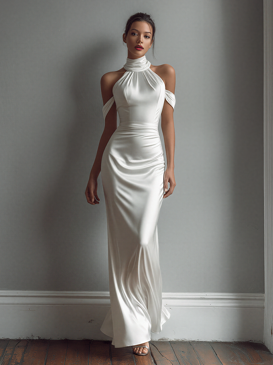 Women’s Elegant White Satin Halter Dress With Cold-Shoulder Sleeves MDZ1438E4T