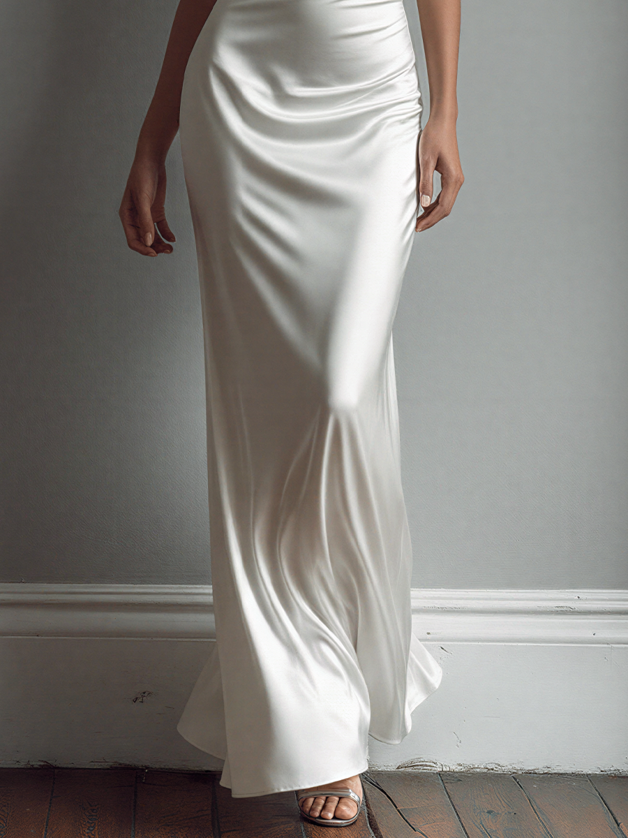 Women’s Elegant White Satin Halter Dress With Cold-Shoulder Sleeves MDZ1438E4T