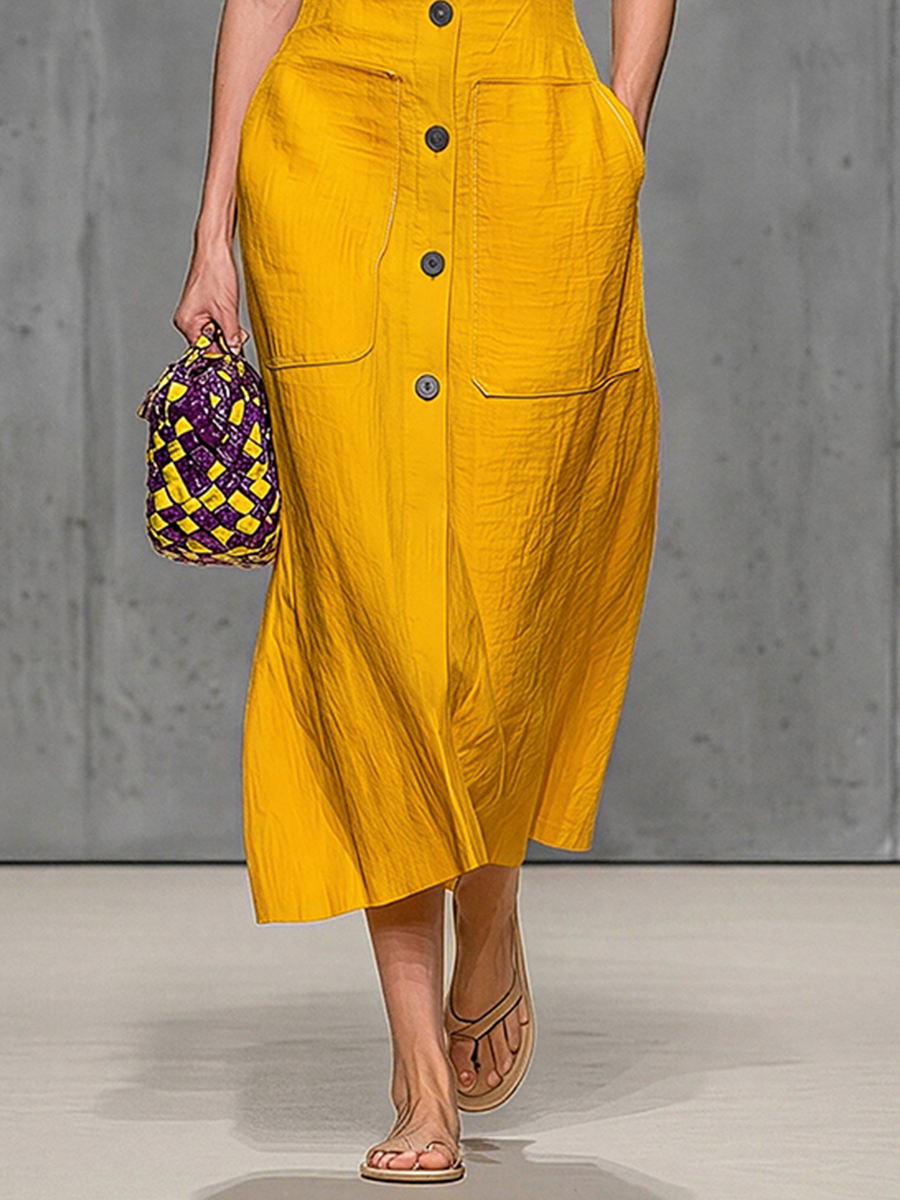 Women's Yellow Linen-Blend Shirt Dress With Button-Front & Patch Pockets, Timeless Utility Casual Dress MDZ1584E2LYL