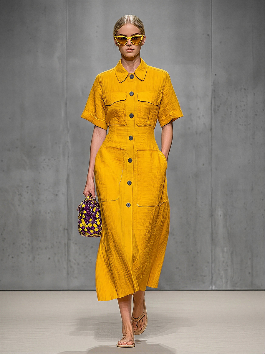 Women's Yellow Linen-Blend Shirt Dress With Button-Front & Patch Pockets, Timeless Utility Casual Dress MDZ1584E2LYL