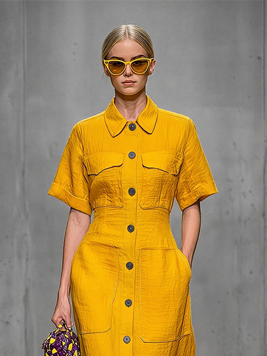Women's Yellow Linen-Blend Shirt Dress With Button-Front & Patch Pockets, Timeless Utility Casual Dress MDZ1584E2LYL