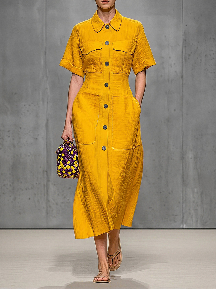 Women's Yellow Linen-Blend Shirt Dress With Button-Front & Patch Pockets, Timeless Utility Casual Dress MDZ1584E2LYL