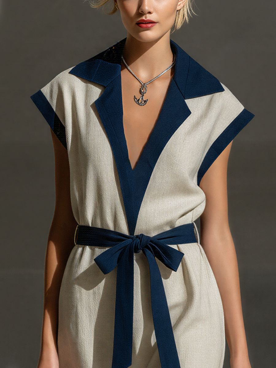 Women’s Elegant Beige Linen-Blend Shift Dress With Navy Lapel & Sash Belt MDZ3011D6T