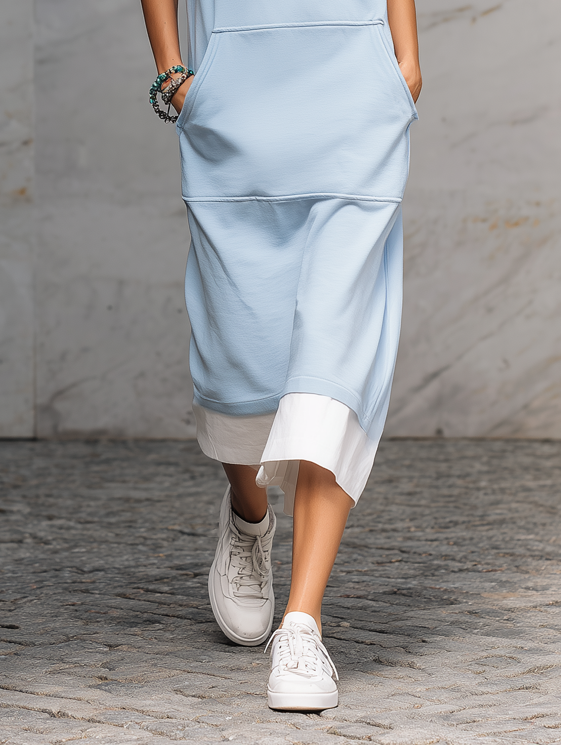 Women's Casual Sleeveless Hooded Color-Block Straight-Cut Sweatshirt Midi Dress MDZ1528E4Y