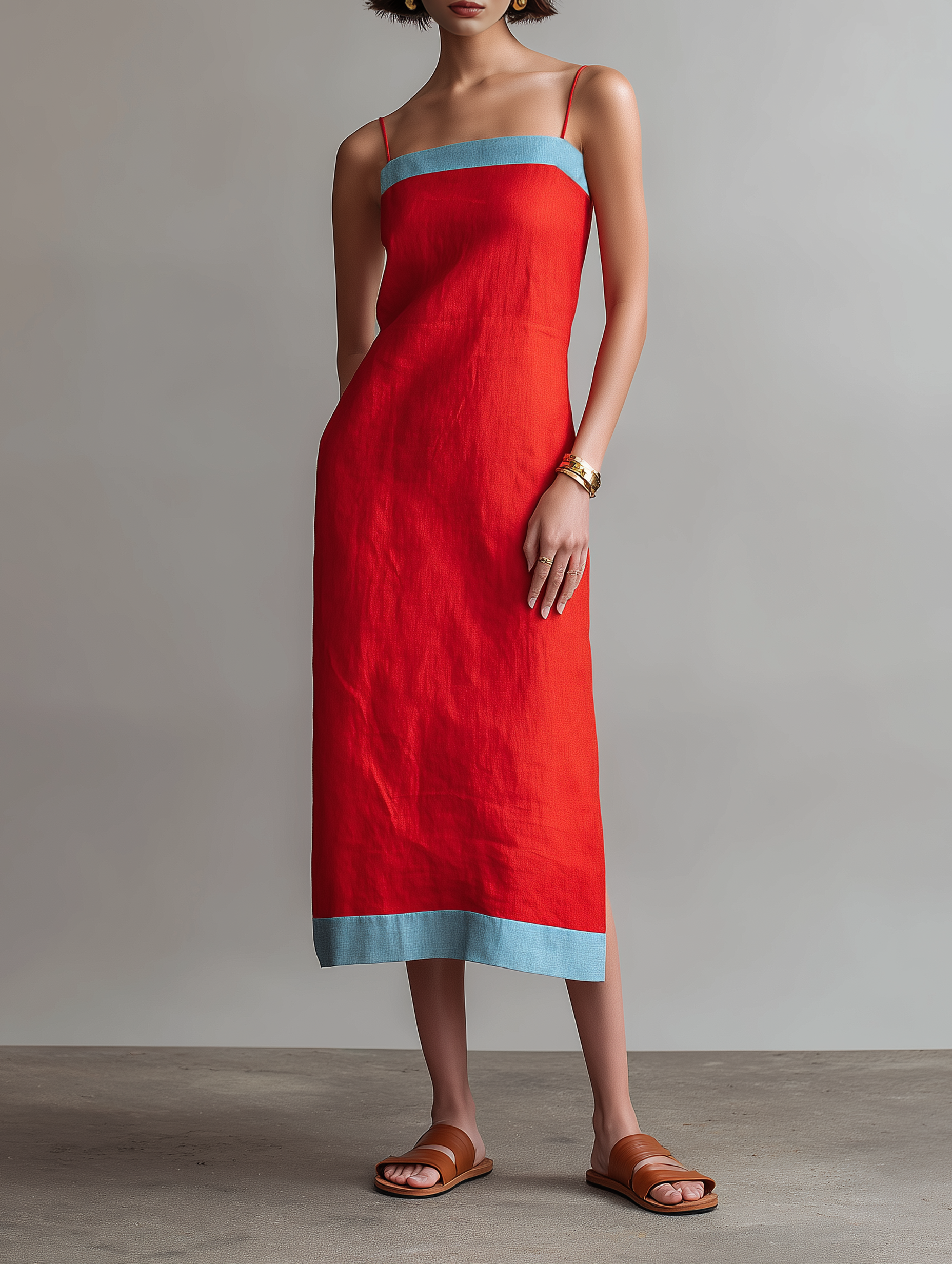 Women's Minimalist Linen-Blend Midi Dress With Contrast Straps And Side Slit MDZ1586E8Y