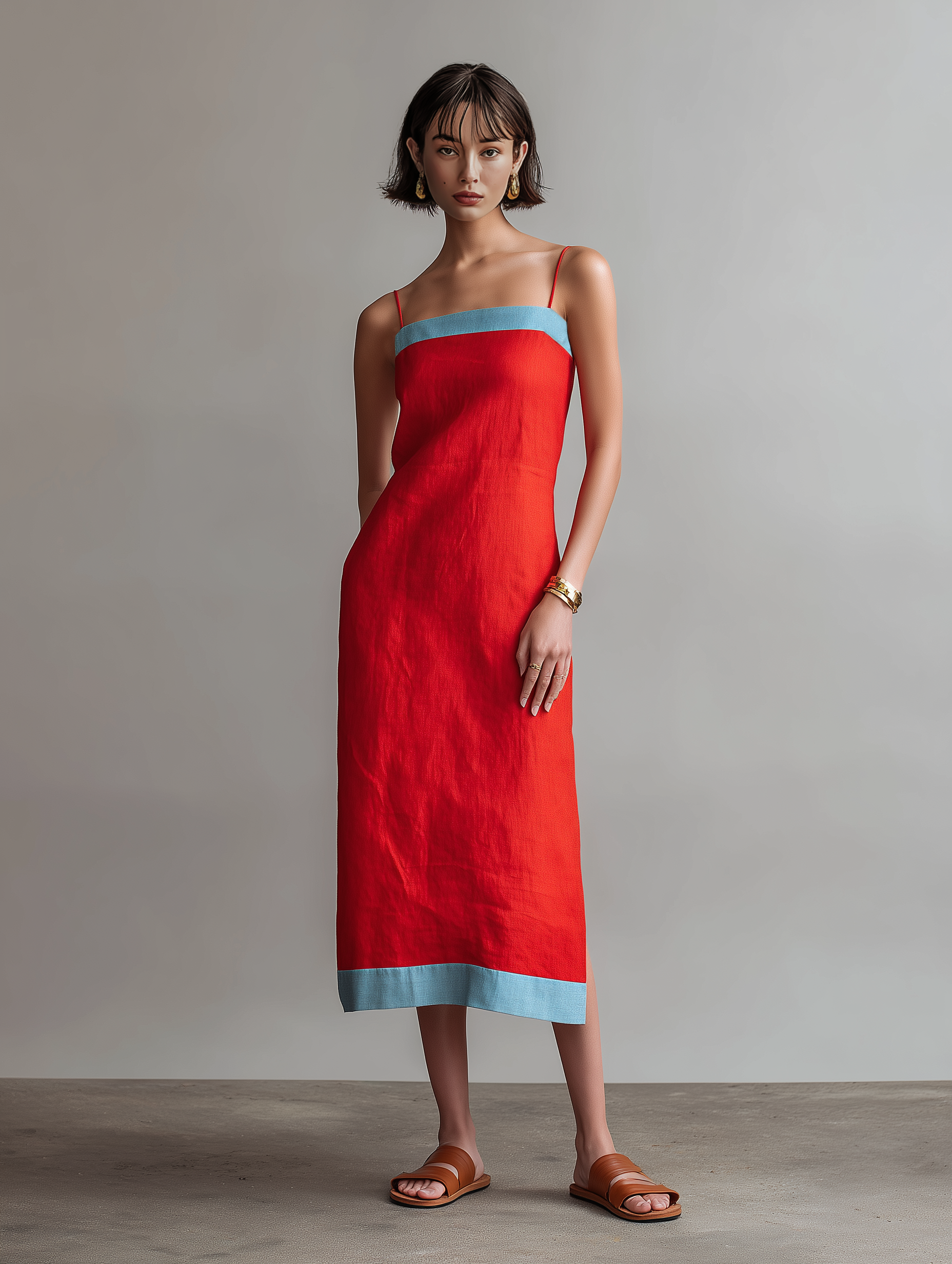 Women's Minimalist Linen-Blend Midi Dress With Contrast Straps And Side Slit MDZ1586E8Y