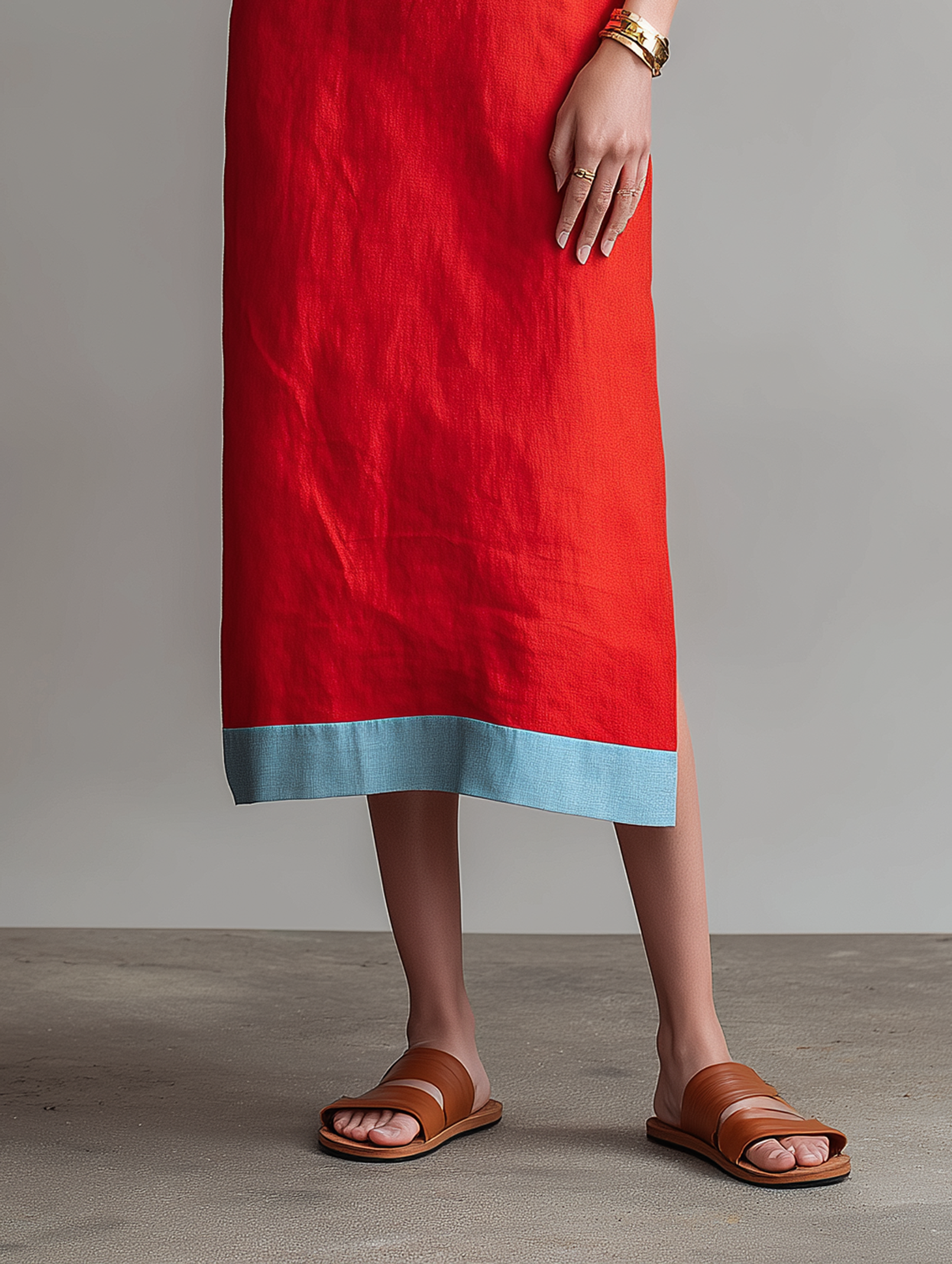 Women's Minimalist Linen-Blend Midi Dress With Contrast Straps And Side Slit MDZ1586E8Y