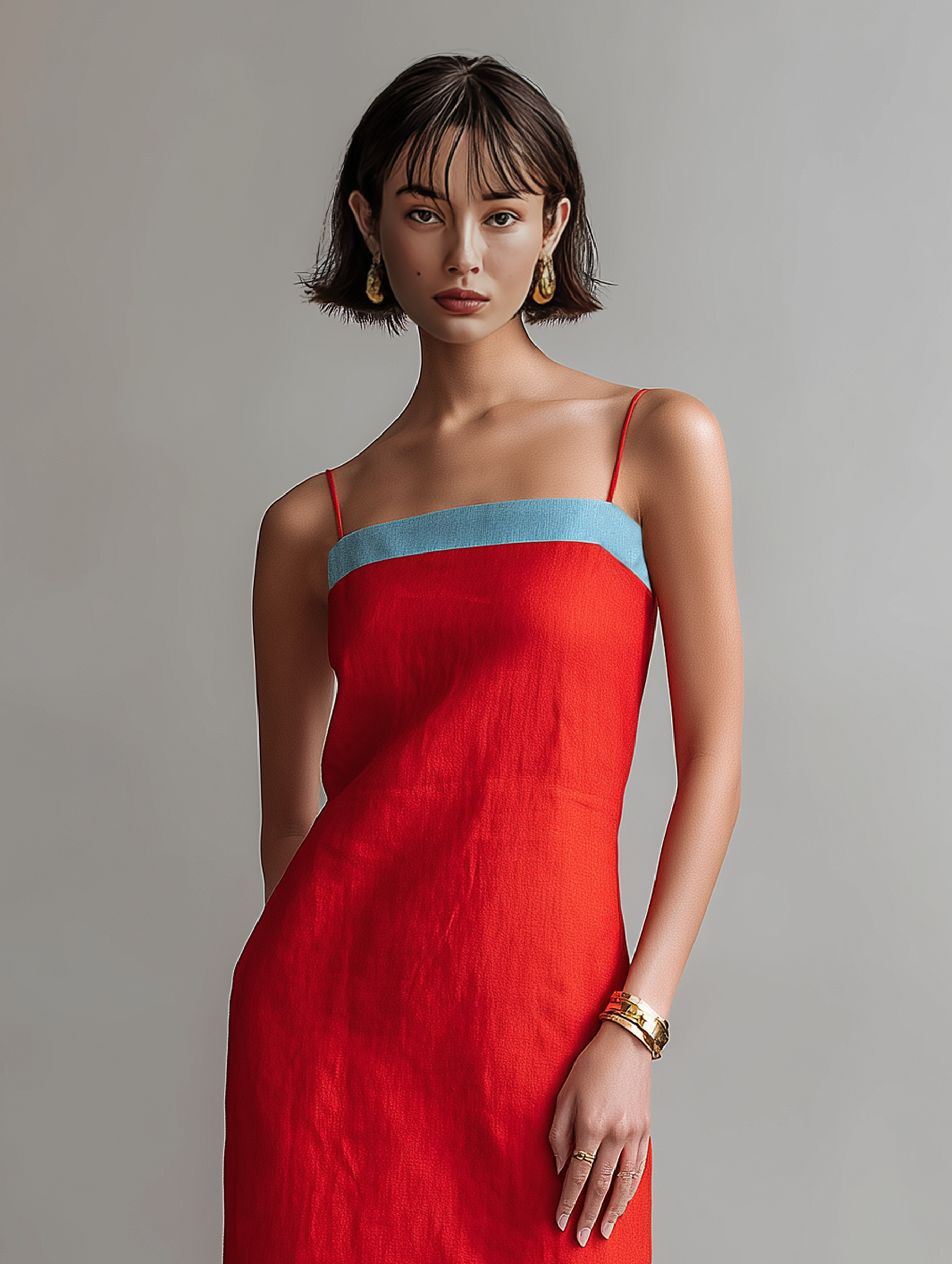 Women's Minimalist Linen-Blend Midi Dress With Contrast Straps And Side Slit MDZ1586E8Y