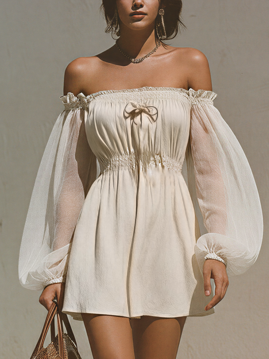 Women’s Beige Off-Shoulder Tulle Puff Sleeve Mini Dress With Bow Detail MDZ1578E3T
