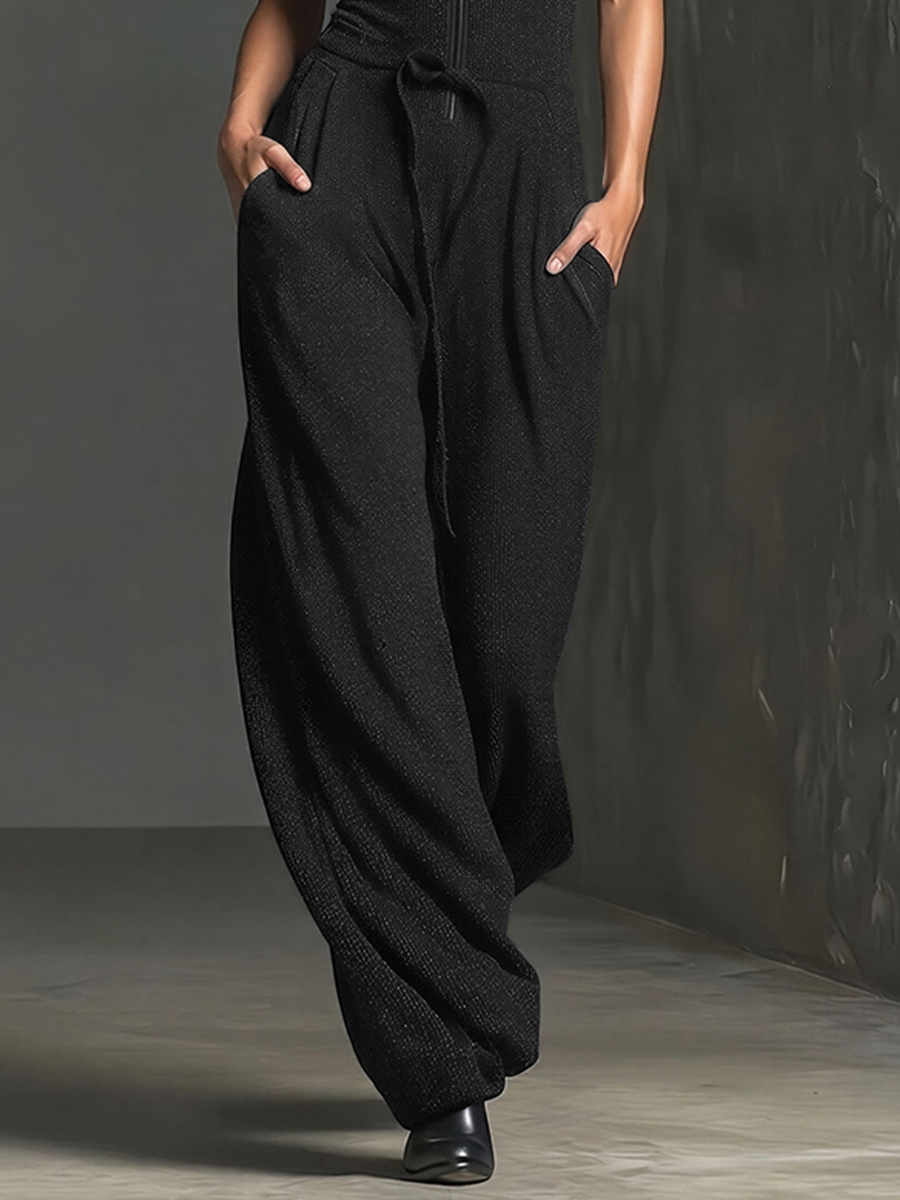 Women's Black Knit Jumpsuit With Sleeveless Half-Zip Top & Wide Leg Pants, Timeless Minimalist Casual Jumpsuit MDZ1562E2LYL