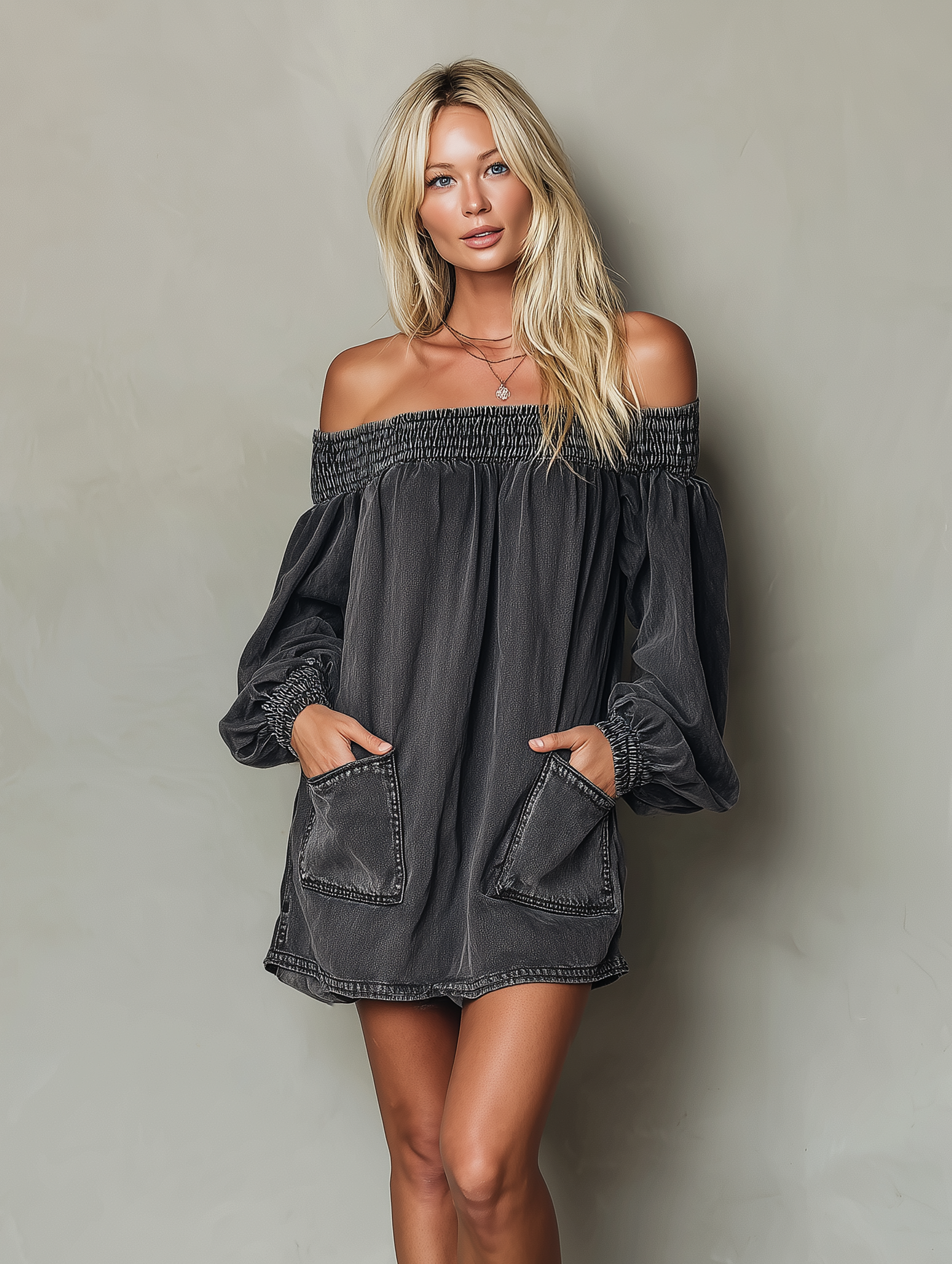 Women's Casual Grey Denim Off-Shoulder Mini Dress With Elasticized Waist And Long Sleeves MDZ1547E6LXY
