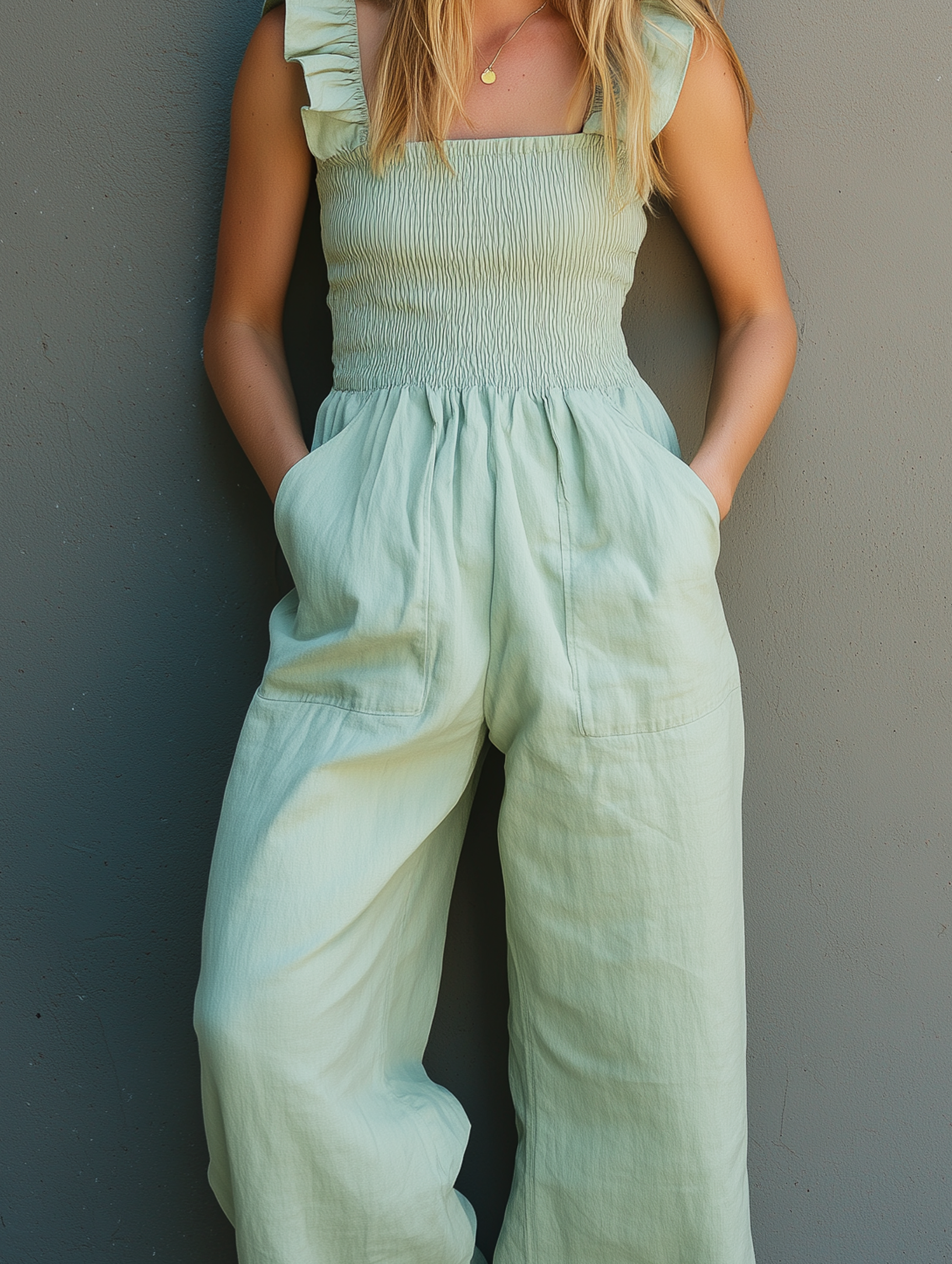 Women's Casual Mint Green Cotton-Linen Jumpsuit — Ruffled, Spaghetti Strap, Sleeveless, Full-Length MDZ1535E7LXY