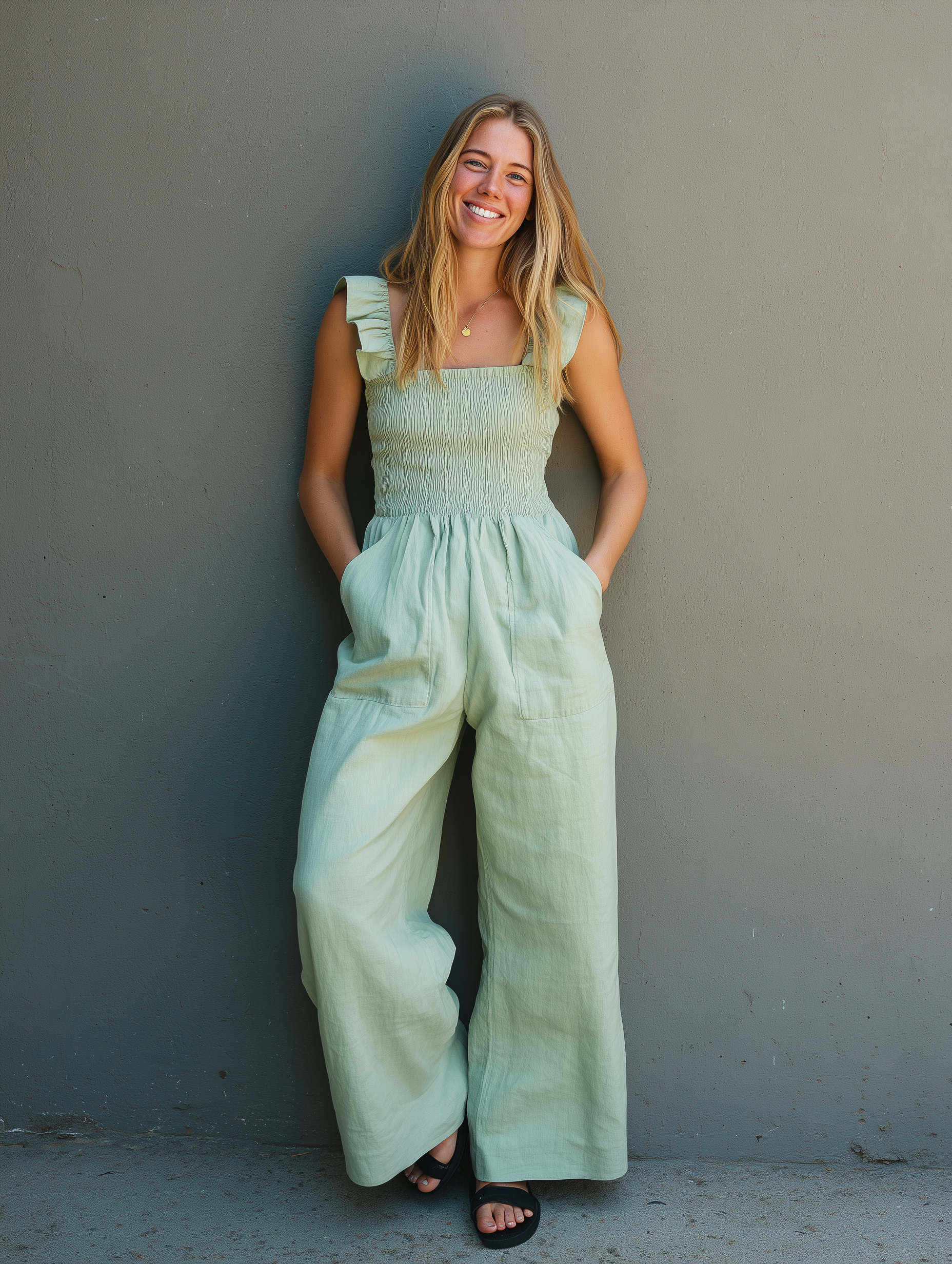 Women's Casual Mint Green Cotton-Linen Jumpsuit — Ruffled, Spaghetti Strap, Sleeveless, Full-Length MDZ1535E7LXY