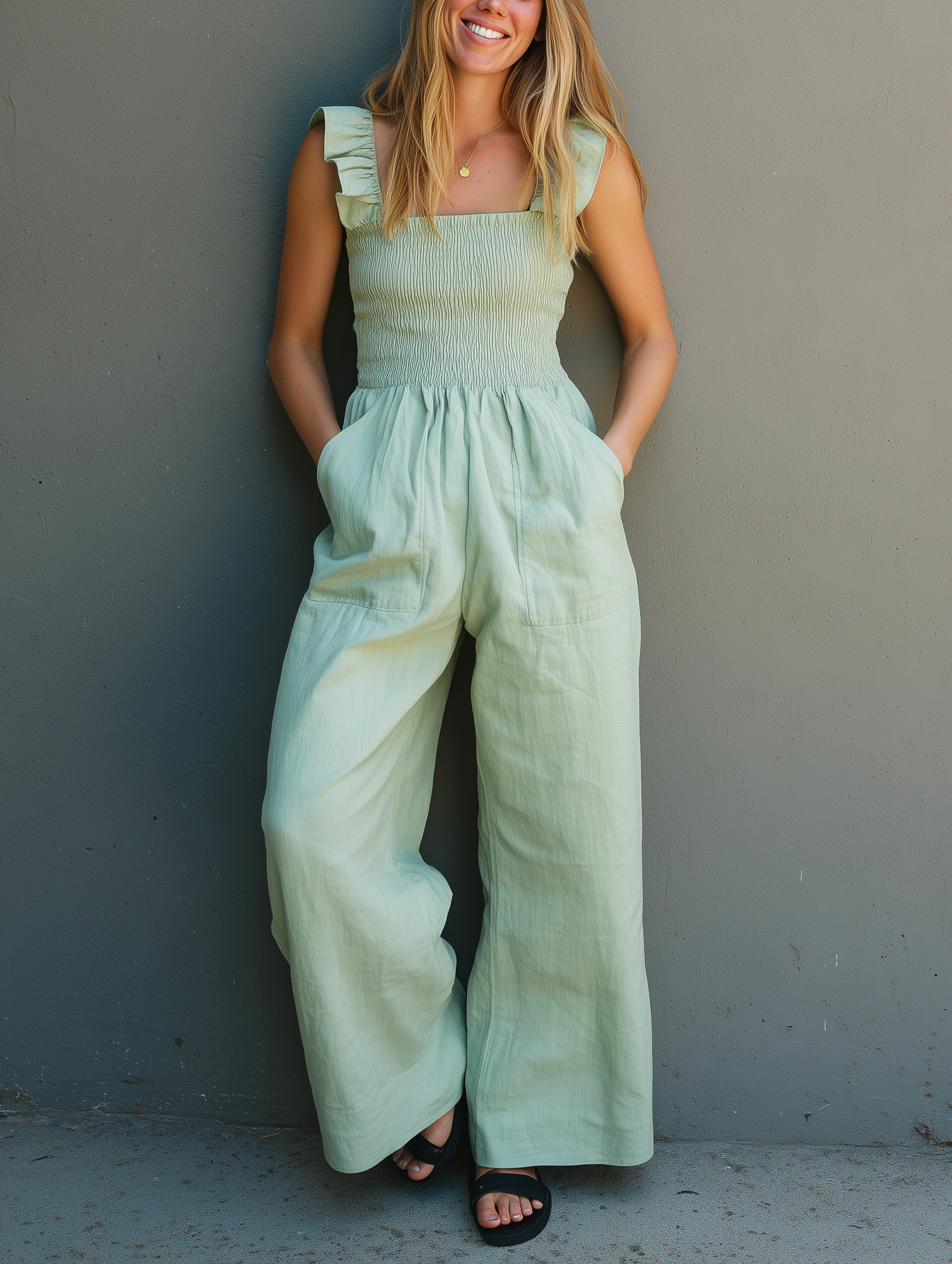 Women's Casual Mint Green Cotton-Linen Jumpsuit — Ruffled, Spaghetti Strap, Sleeveless, Full-Length MDZ1535E7LXY