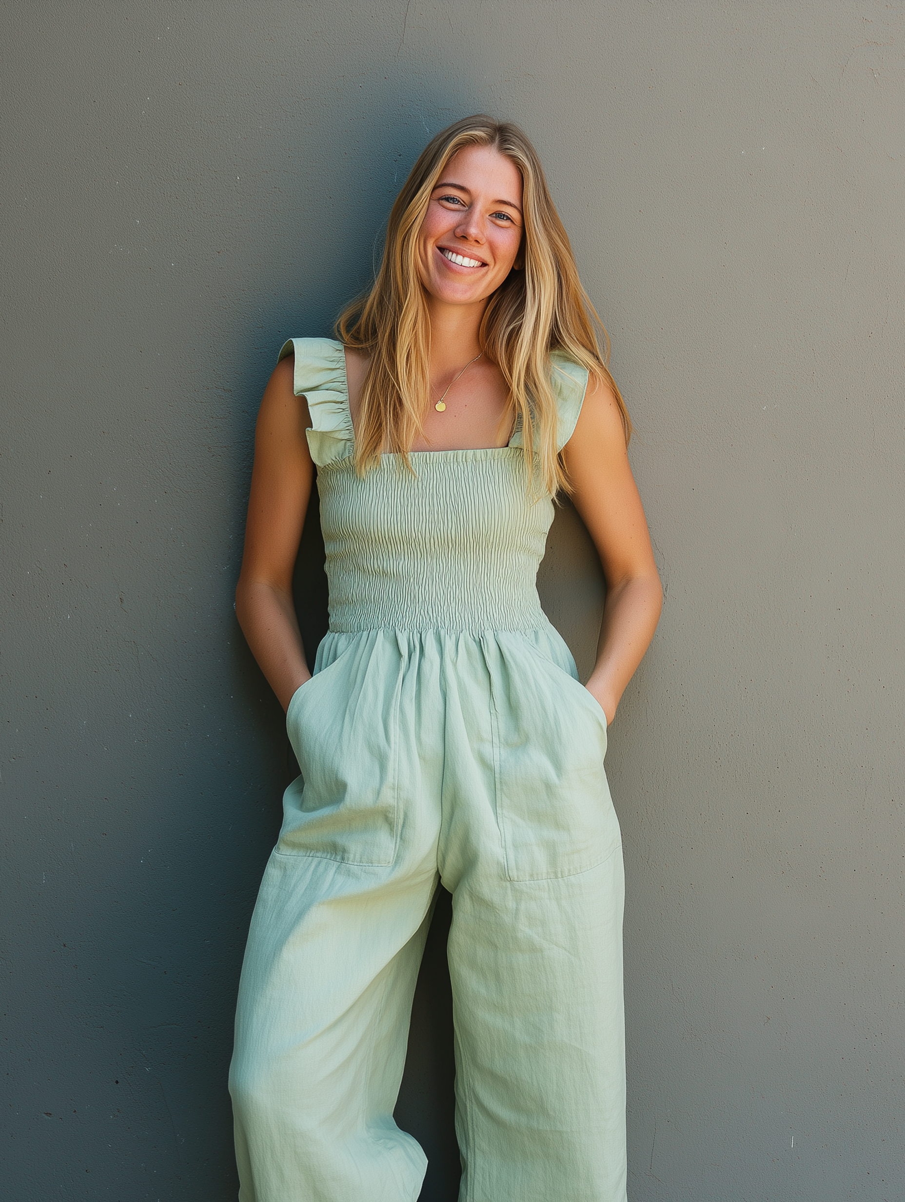 Women's Casual Mint Green Cotton-Linen Jumpsuit — Ruffled, Spaghetti Strap, Sleeveless, Full-Length MDZ1535E7LXY
