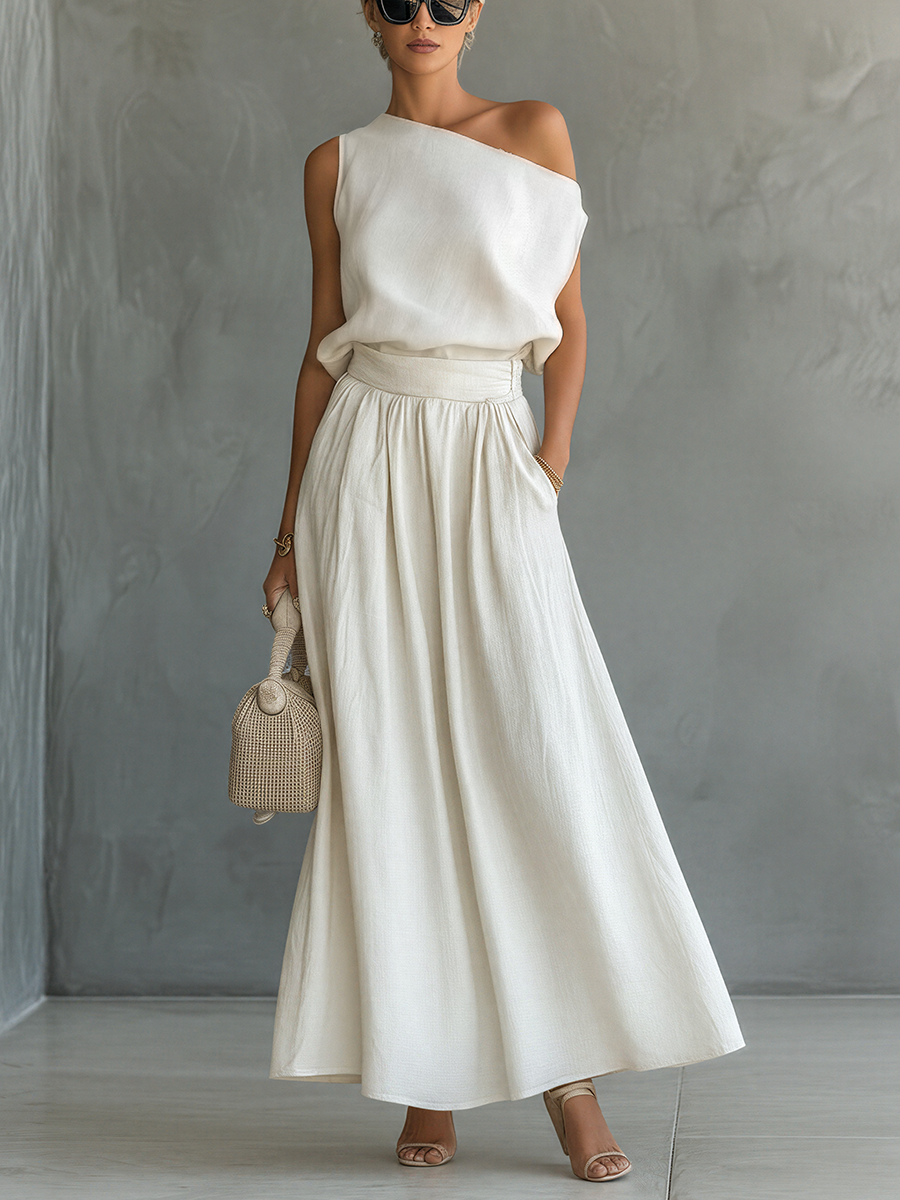 Women’s White Asymmetrical One-Shoulder Top & High-Waisted Maxi Skirt Two-Piece Set MDZ1585E4T