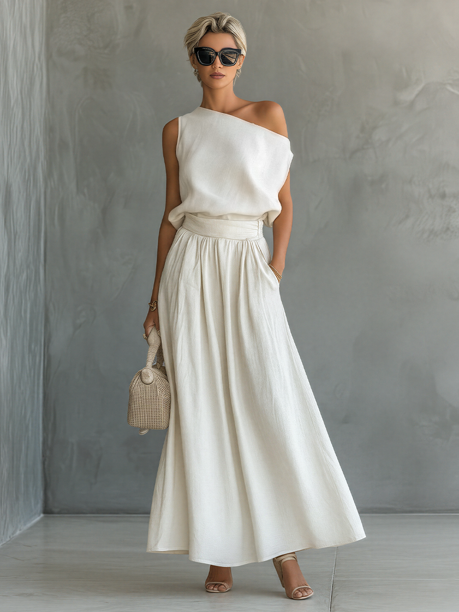 Women’s White Asymmetrical One-Shoulder Top & High-Waisted Maxi Skirt Two-Piece Set MDZ1585E4T