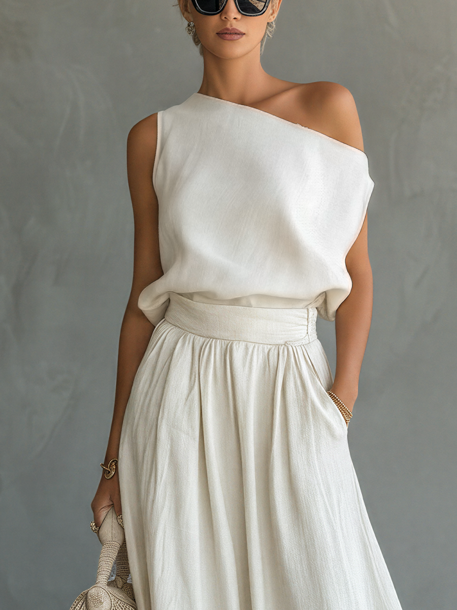 Women’s White Asymmetrical One-Shoulder Top & High-Waisted Maxi Skirt Two-Piece Set MDZ1585E4T