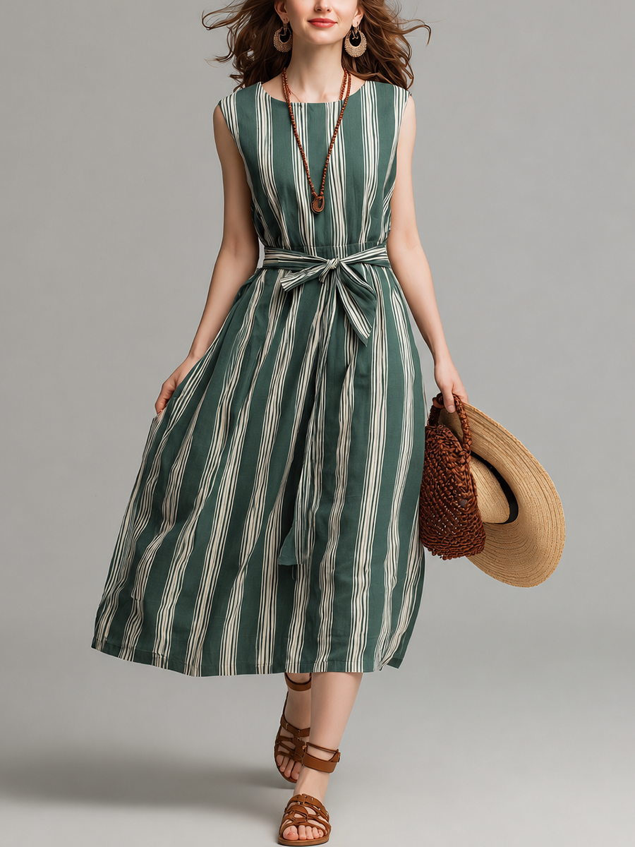 Women's Vacation-Style Midi Dress: Blue & White Striped, Sleeveless, Crew Neck, Cotton-Linen Blend With Waist-Cinching Belt MDZ1568E5ZJW