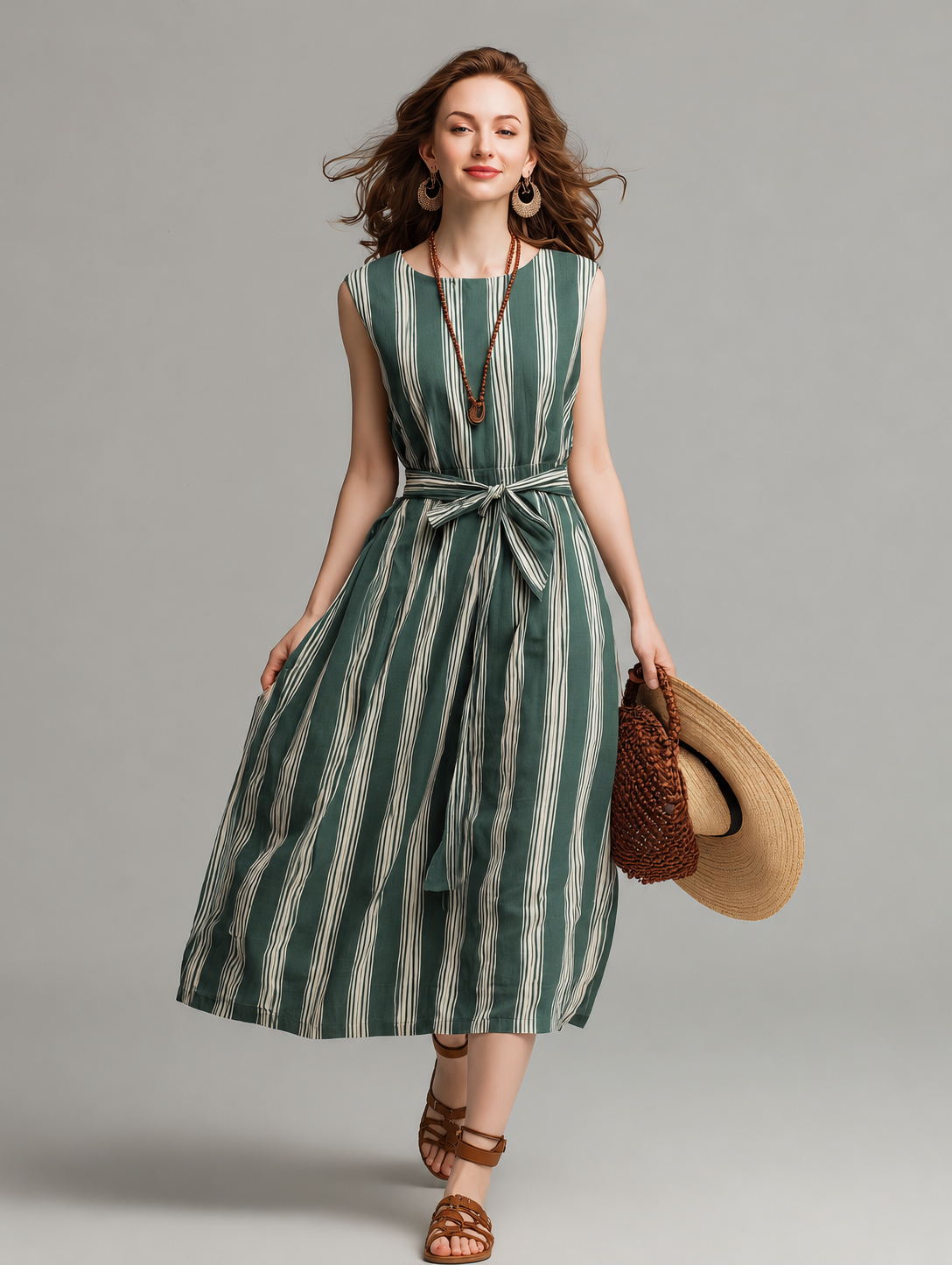 Women's Vacation-Style Midi Dress: Blue & White Striped, Sleeveless, Crew Neck, Cotton-Linen Blend With Waist-Cinching Belt MDZ1568E5ZJW