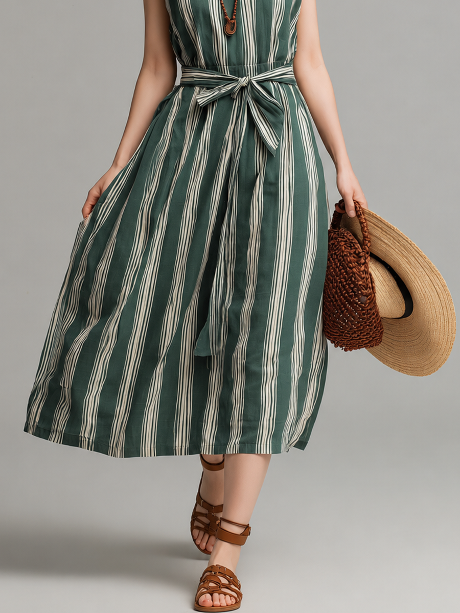 Women's Vacation-Style Midi Dress: Blue & White Striped, Sleeveless, Crew Neck, Cotton-Linen Blend With Waist-Cinching Belt MDZ1568E5ZJW