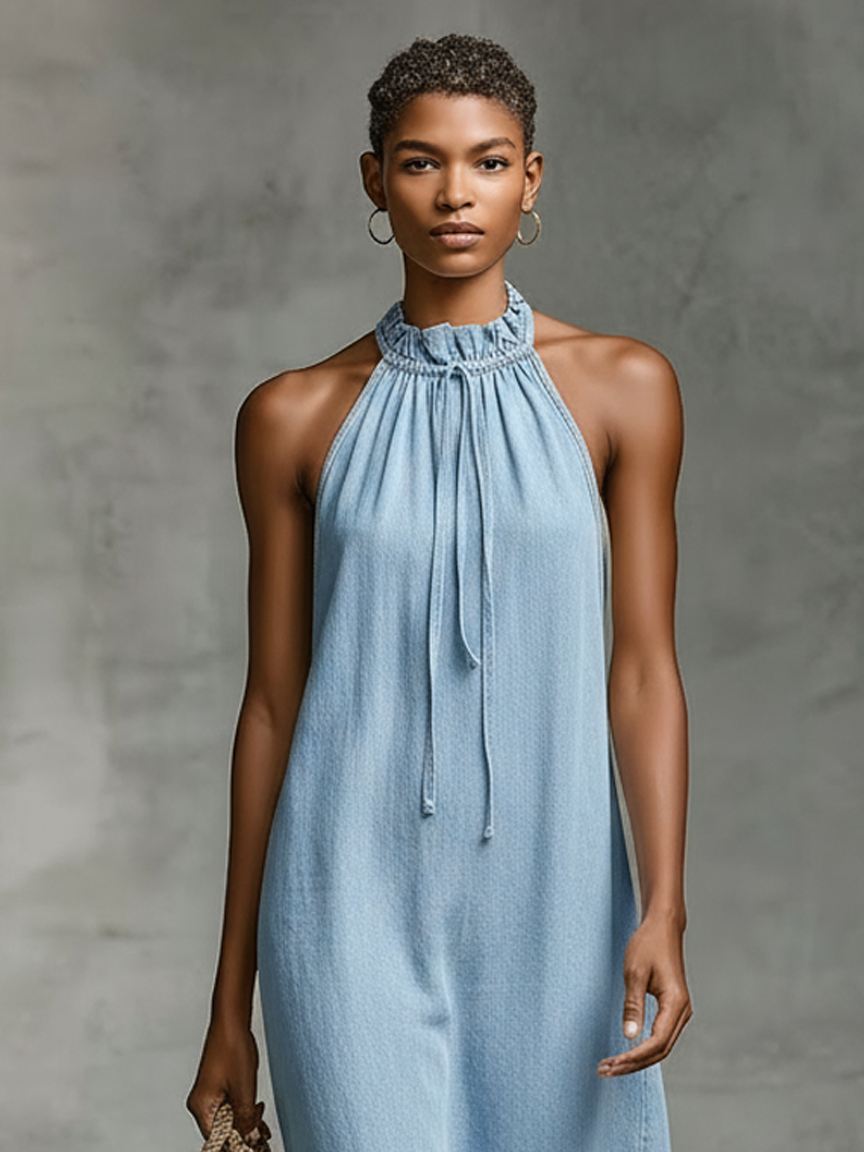 Women's Minimalist Loose-Fit Washed Denim Sleeveless Midi Dress MDZ1570E2Y