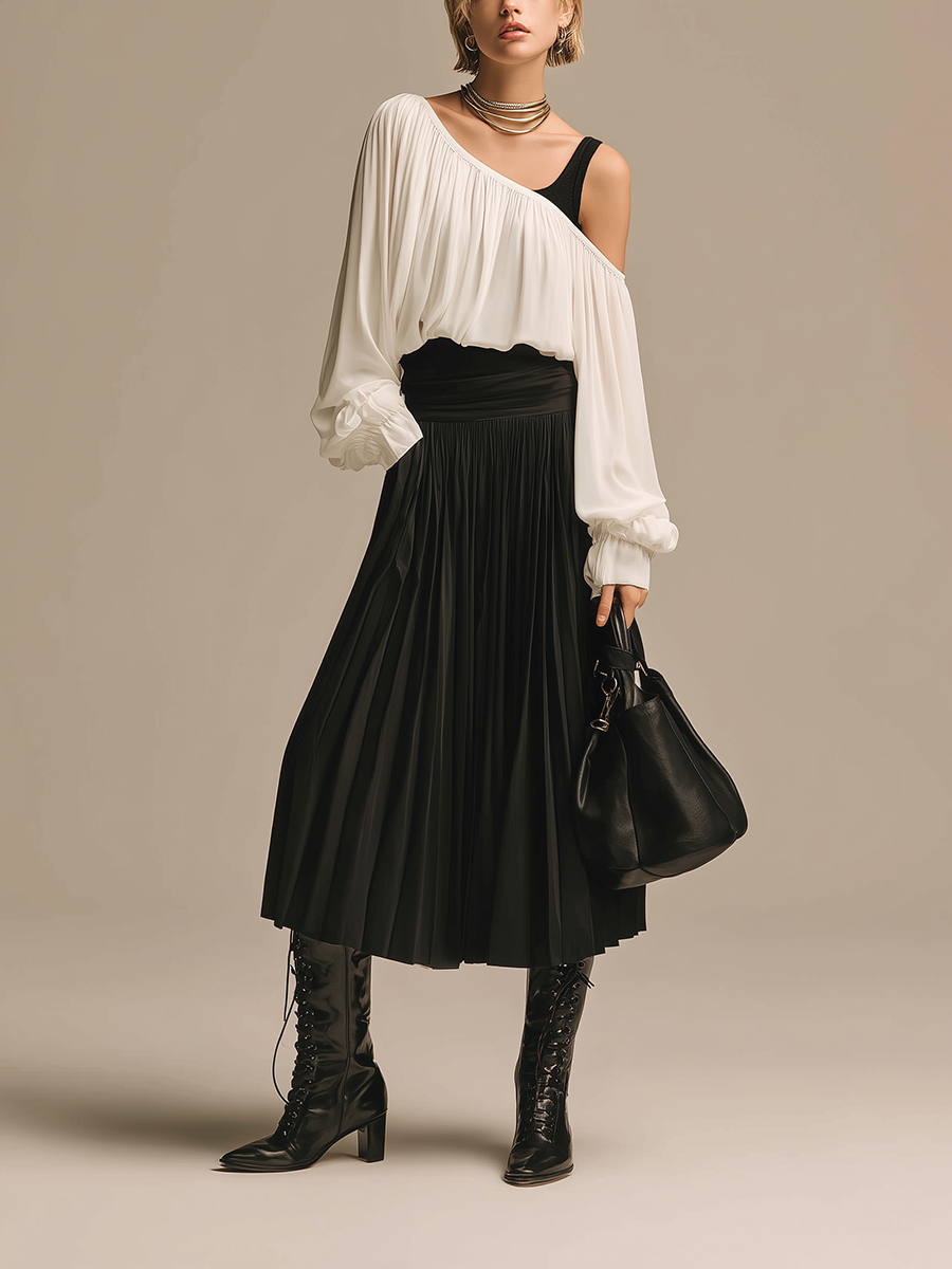 Women’s Minimalist White Chiffon Cropped Top with Asymmetrical Neckline and Long Balloon Sleeves, paired with a Black Acetate High-Waisted Pleated Midi Skirt MDZ1523E9ZJW