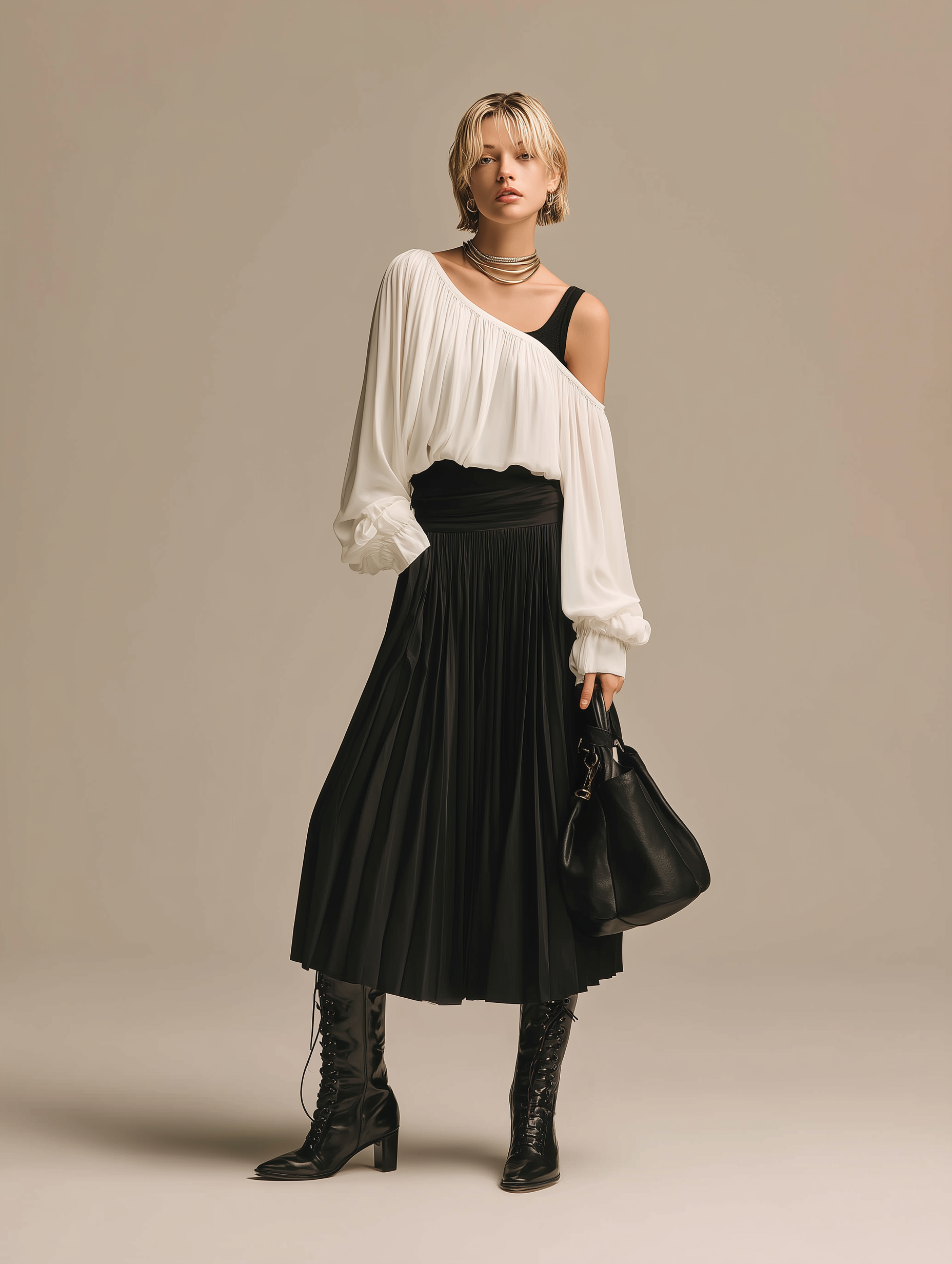 Women’s Minimalist White Chiffon Cropped Top with Asymmetrical Neckline and Long Balloon Sleeves, paired with a Black Acetate High-Waisted Pleated Midi Skirt MDZ1523E9ZJW