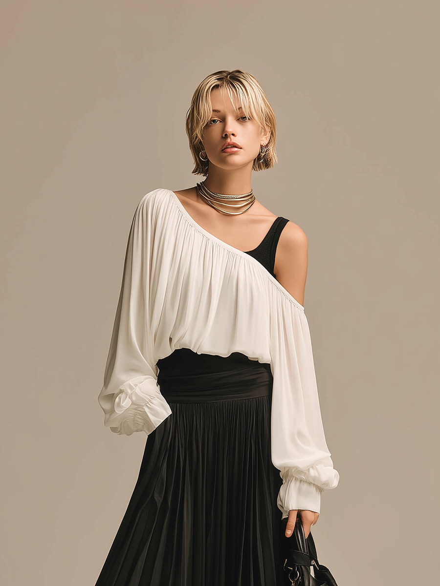 Women’s Minimalist White Chiffon Cropped Top with Asymmetrical Neckline and Long Balloon Sleeves, paired with a Black Acetate High-Waisted Pleated Midi Skirt MDZ1523E9ZJW