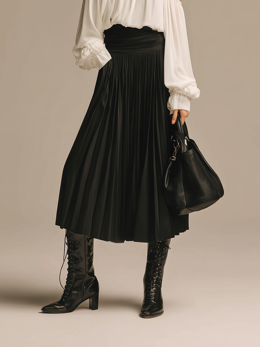 Women’s Minimalist White Chiffon Cropped Top with Asymmetrical Neckline and Long Balloon Sleeves, paired with a Black Acetate High-Waisted Pleated Midi Skirt MDZ1523E9ZJW