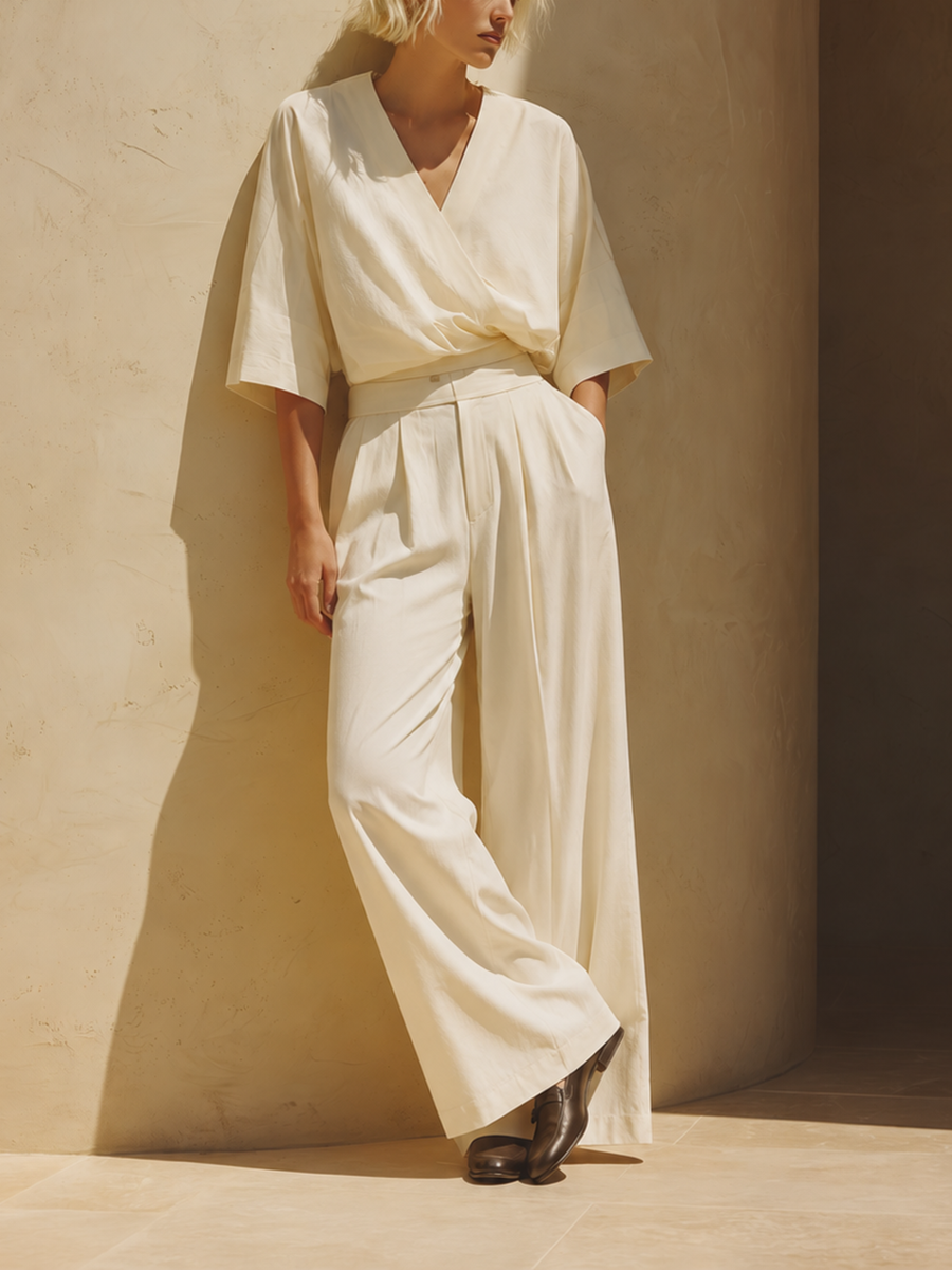 Women's Minimalist Urban "Quiet Luxury" Ecru Cotton-Linen Set: Crossover Wrap V-Neck Top With Half-Sleeves And Pleated Tailored Trousers MDZ1509E1ZJW