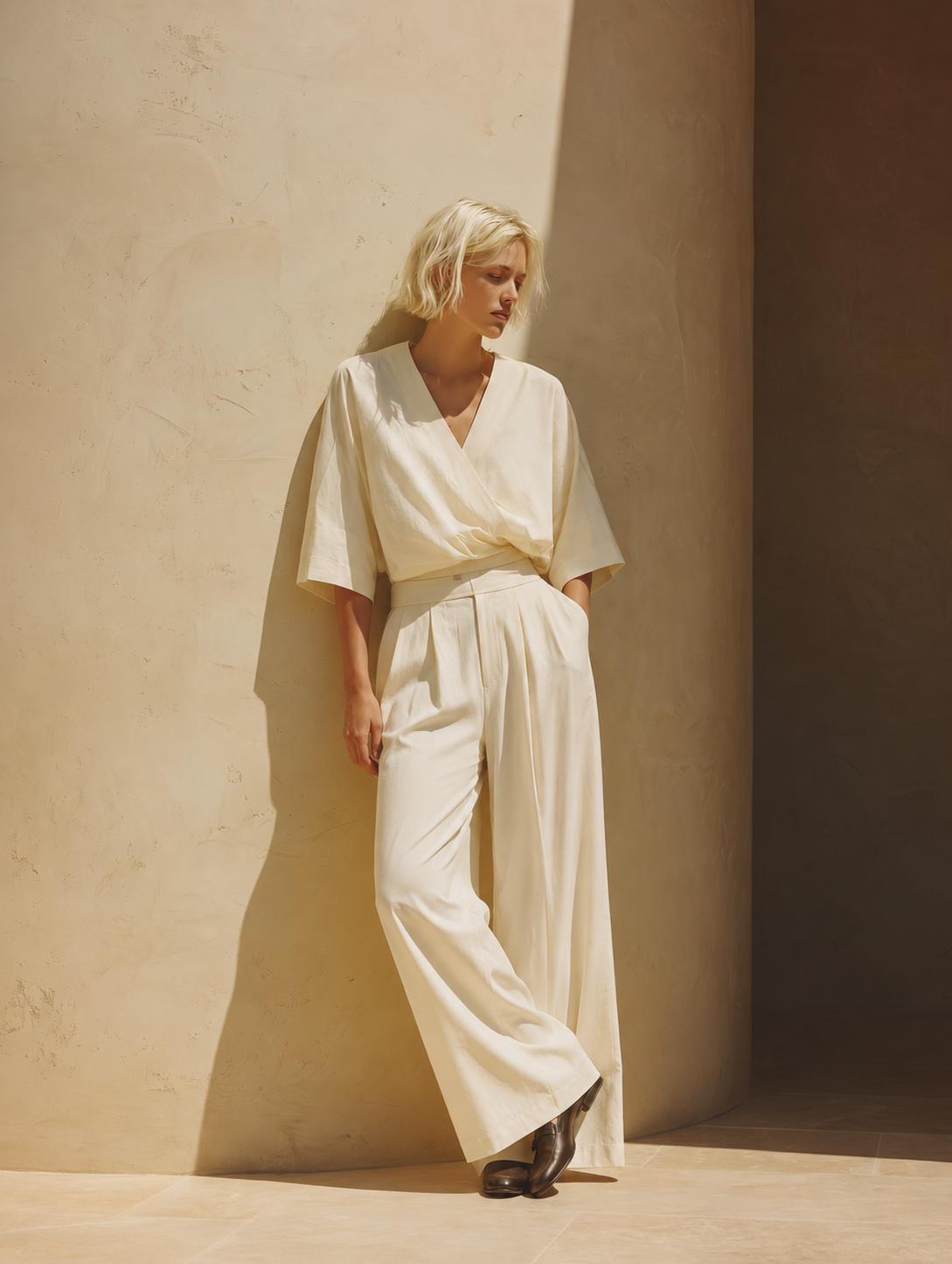 Women's Minimalist Urban "Quiet Luxury" Ecru Cotton-Linen Set: Crossover Wrap V-Neck Top With Half-Sleeves And Pleated Tailored Trousers MDZ1509E1ZJW