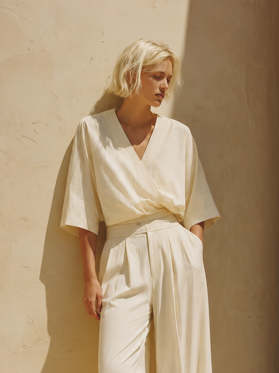 Women's Minimalist Urban "Quiet Luxury" Ecru Cotton-Linen Set: Crossover Wrap V-Neck Top With Half-Sleeves And Pleated Tailored Trousers MDZ1509E1ZJW