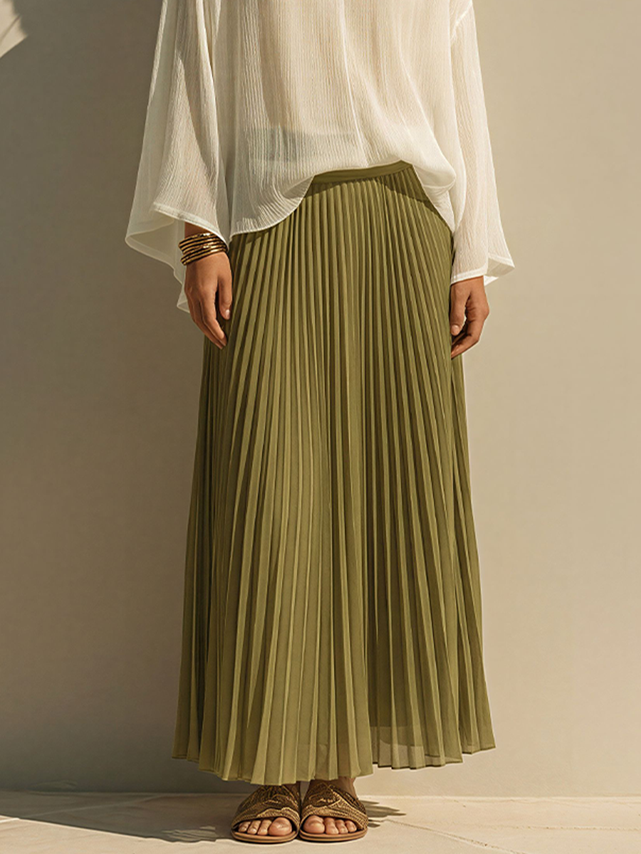 Women's White & Olive Green Chiffon Two-Piece Set With Flowy Blouse & Pleated Maxi Skirt, Timeless Bohemian Casual Outfit MDZ1884E0LYL