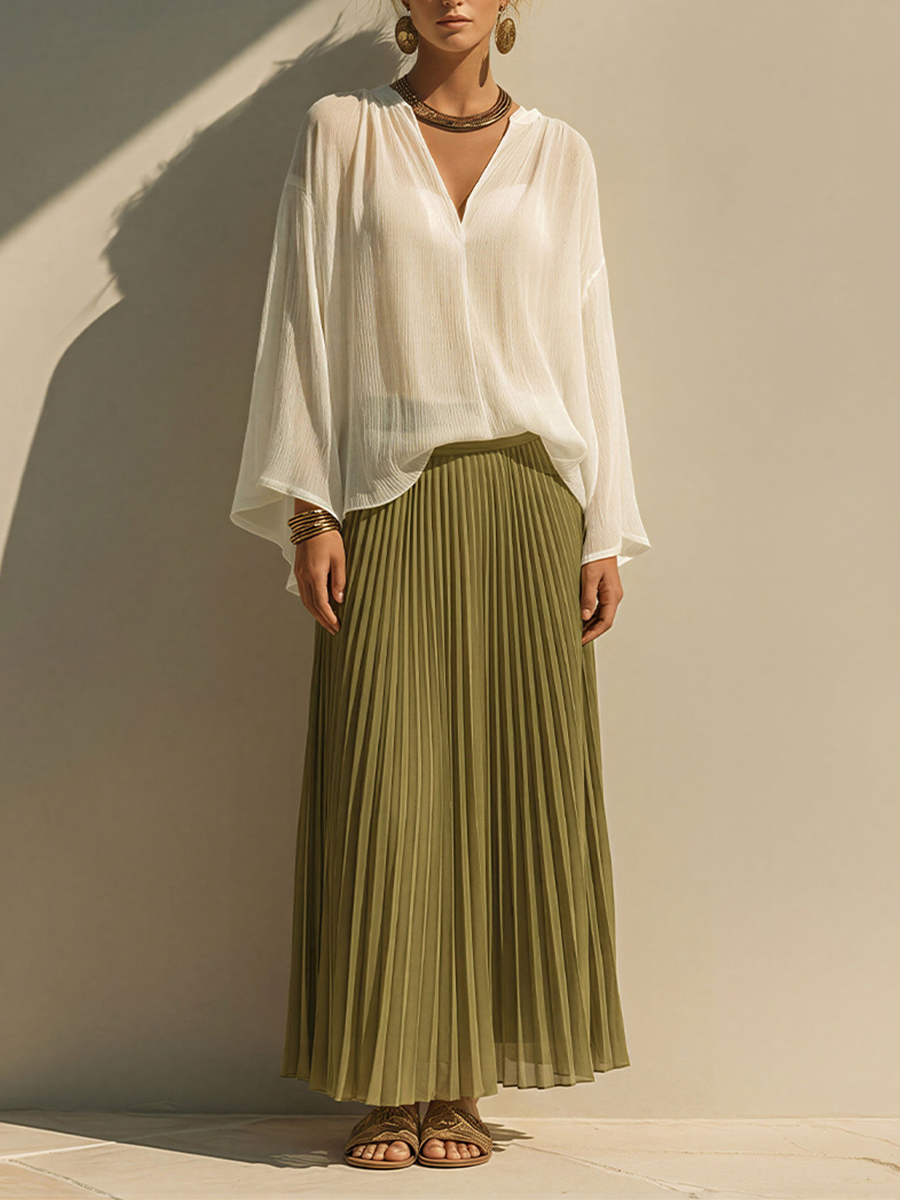 Women's White & Olive Green Chiffon Two-Piece Set With Flowy Blouse & Pleated Maxi Skirt, Timeless Bohemian Casual Outfit MDZ1884E0LYL