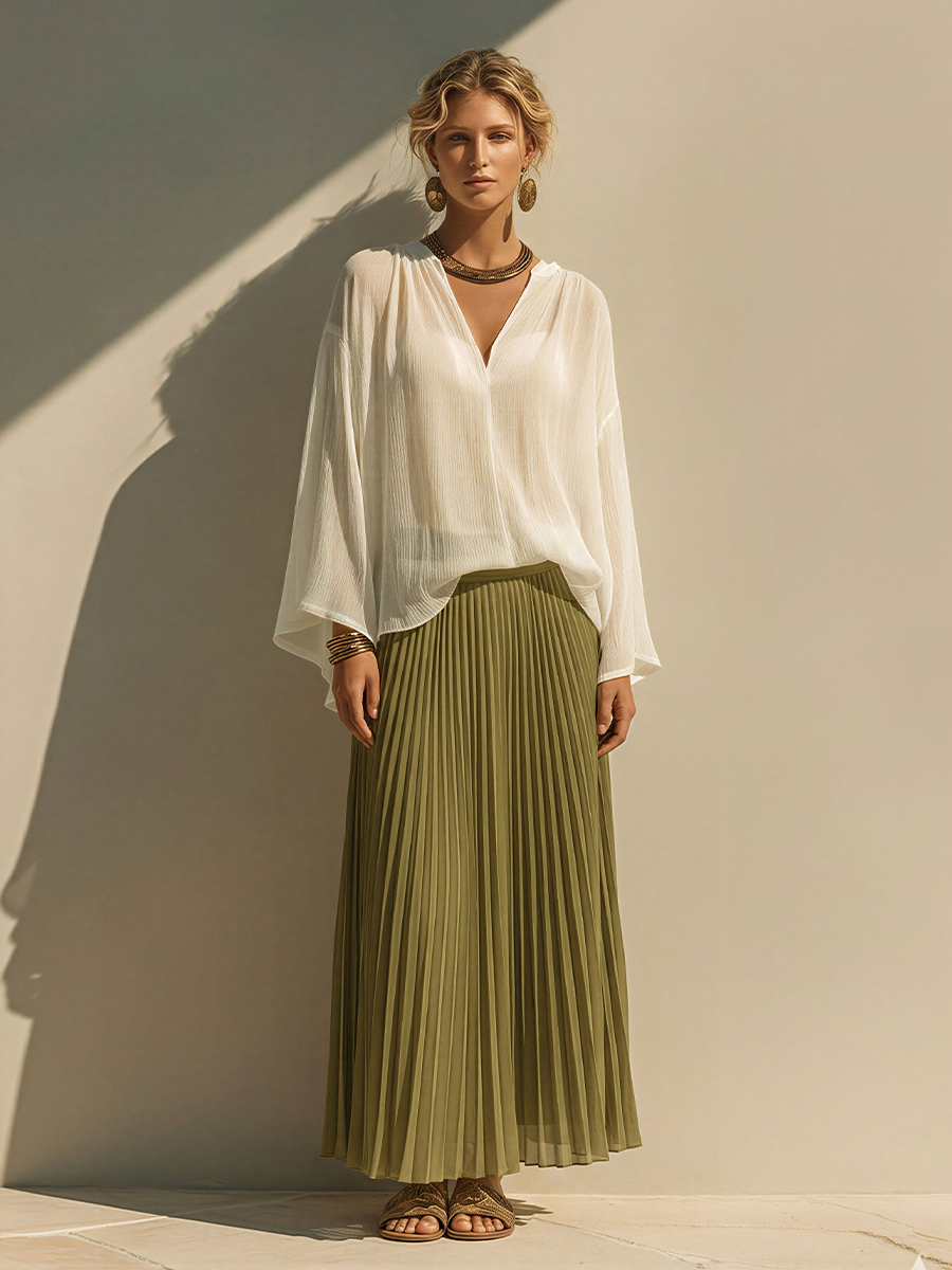 Women's White & Olive Green Chiffon Two-Piece Set With Flowy Blouse & Pleated Maxi Skirt, Timeless Bohemian Casual Outfit MDZ1884E0LYL