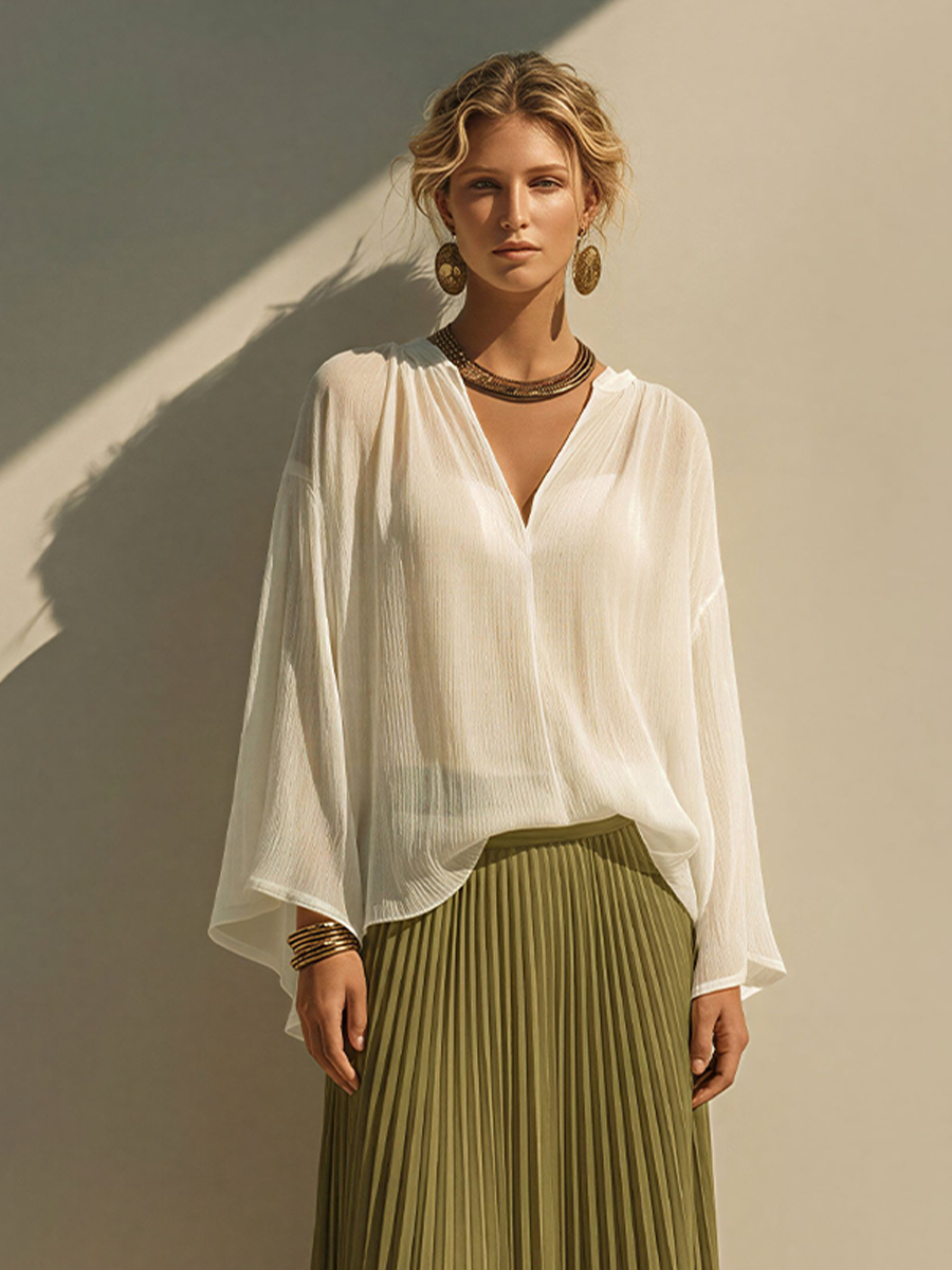 Women's White & Olive Green Chiffon Two-Piece Set With Flowy Blouse & Pleated Maxi Skirt, Timeless Bohemian Casual Outfit MDZ1884E0LYL