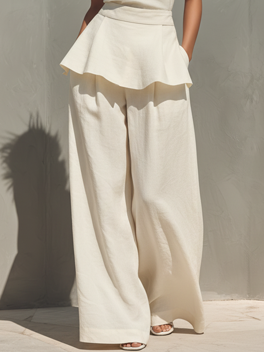 Women's Cream Linen-Blend Two-Piece Set With Peplum Top & Wide Leg Pants, Timeless Minimalist Casual Outfit MDZ1858E5LYL