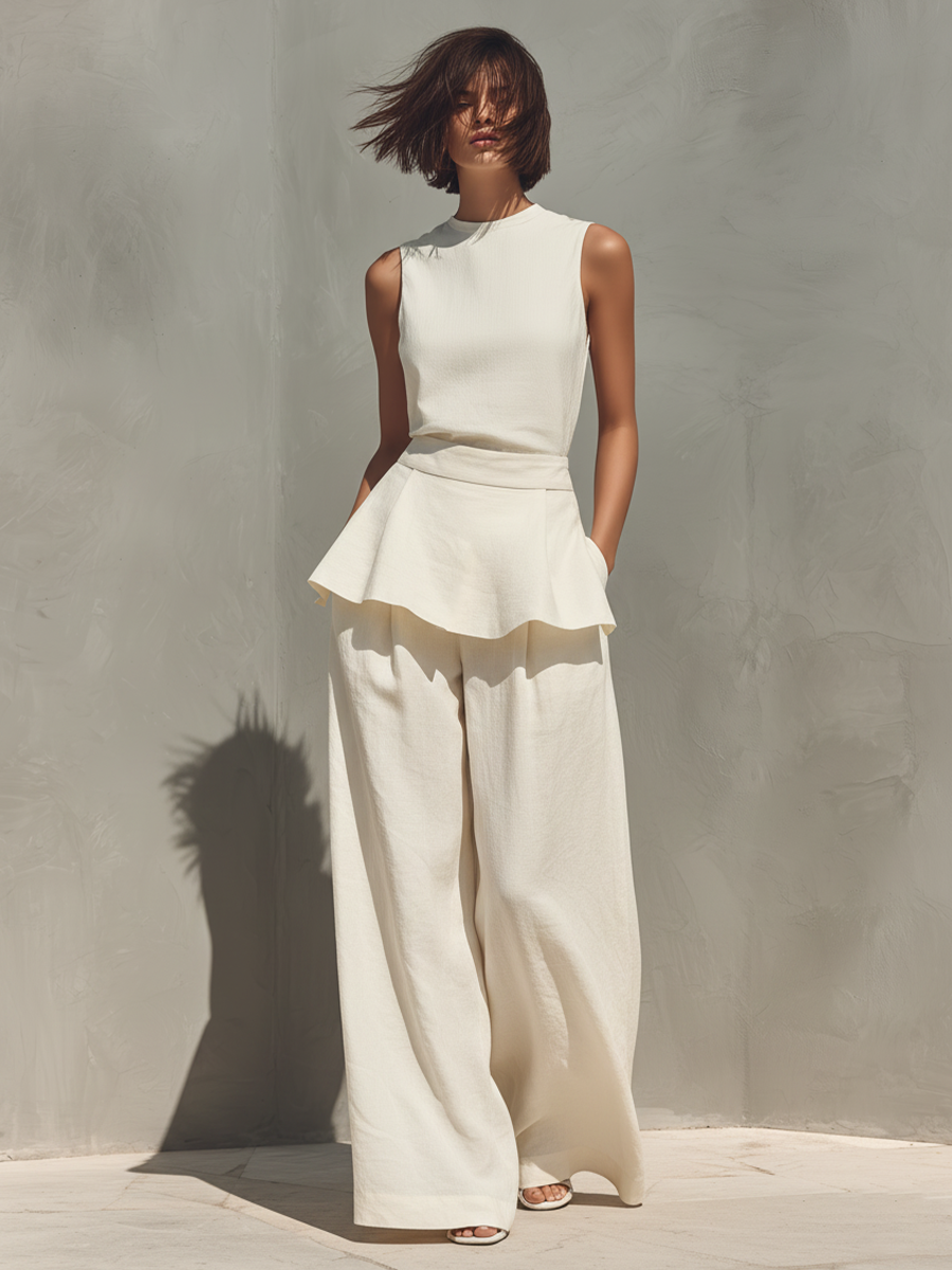 Women's Cream Linen-Blend Two-Piece Set With Peplum Top & Wide Leg Pants, Timeless Minimalist Casual Outfit MDZ1858E5LYL
