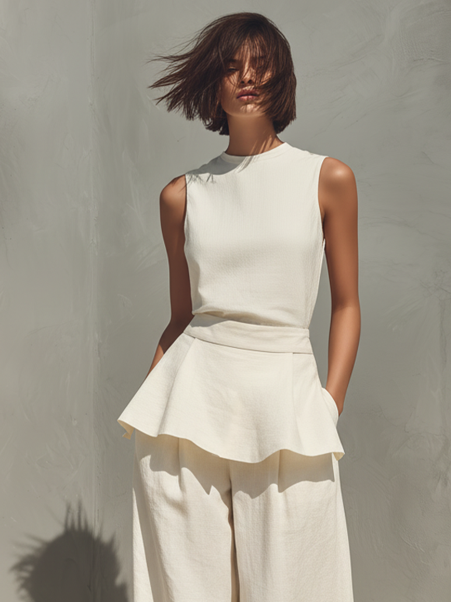 Women's Cream Linen-Blend Two-Piece Set With Peplum Top & Wide Leg Pants, Timeless Minimalist Casual Outfit MDZ1858E5LYL