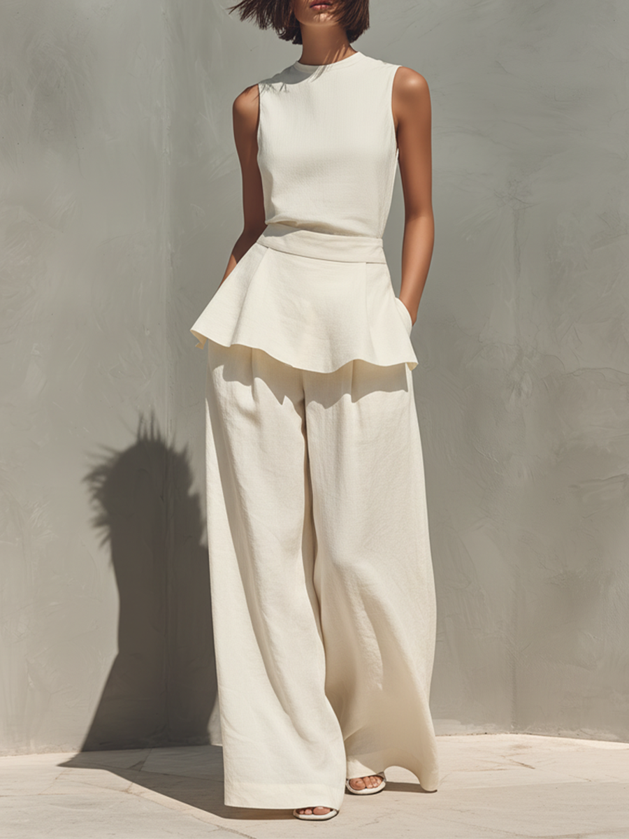 Women's Cream Linen-Blend Two-Piece Set With Peplum Top & Wide Leg Pants, Timeless Minimalist Casual Outfit MDZ1858E5LYL