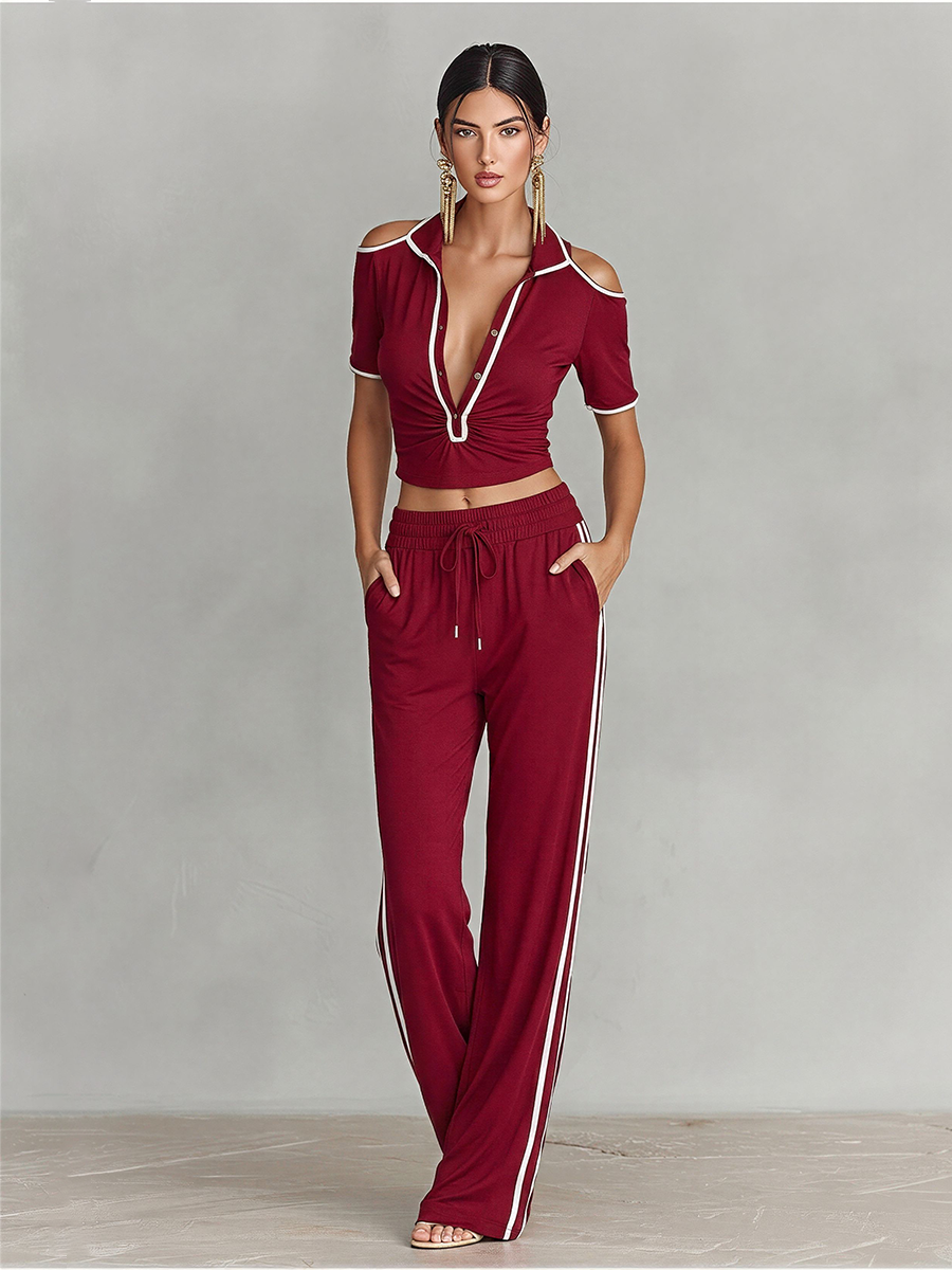 Women's Burgundy Knit Two-Piece Tracksuit With Cold Shoulder Crop Top & Striped Pants, Timeless Sporty Casual Outfit MDZ1808E1LYL